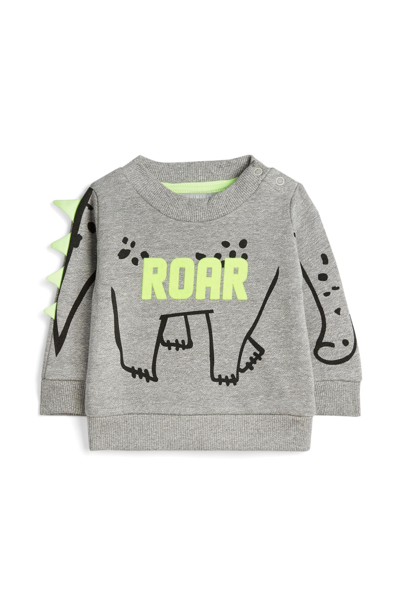 Fantovski siv pulover z dinozavrom za dojenčke