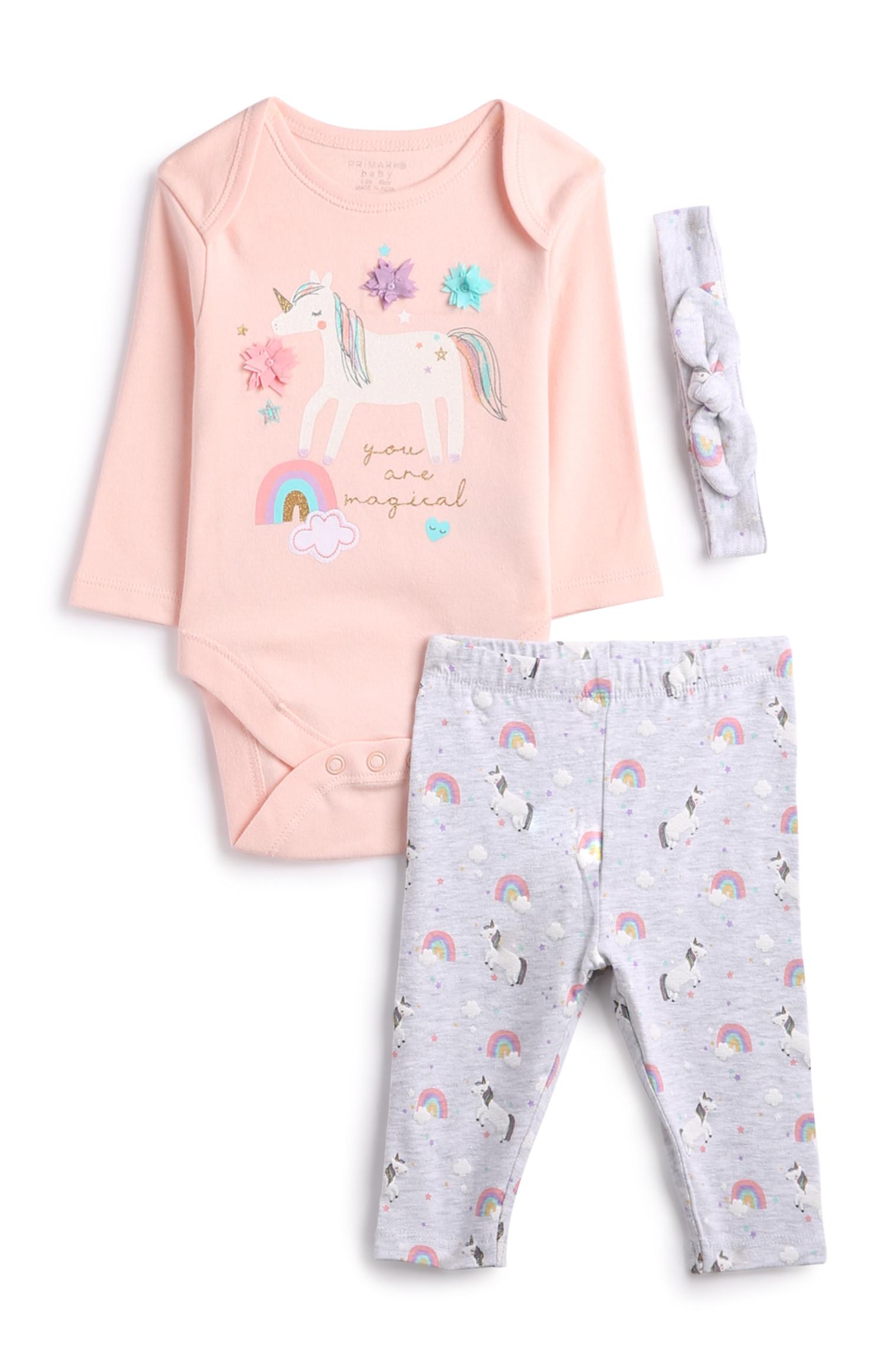 Dekliški komplet s samorogom za novorojenčke, 3 kosi