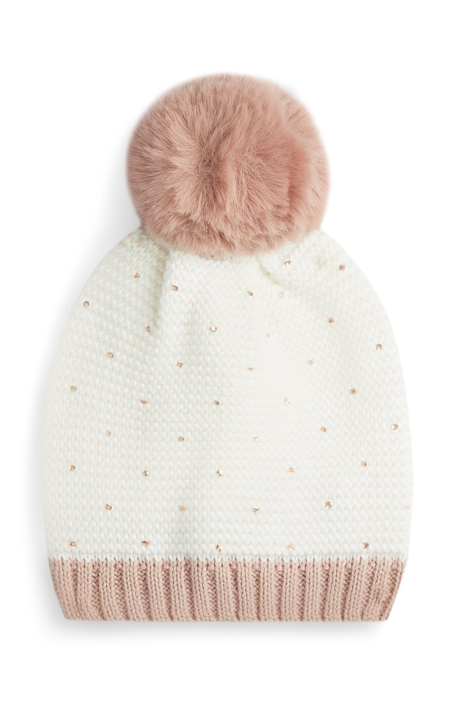 Gorro color crema y rosa palo con pompón