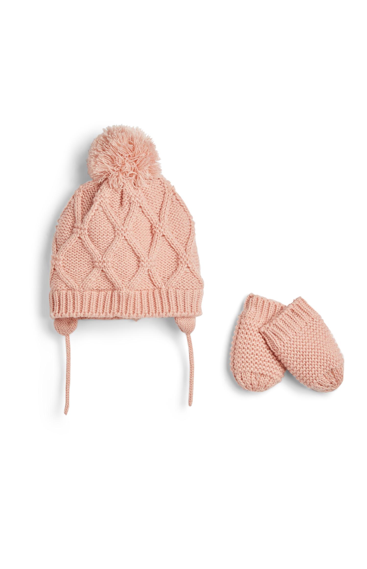 Gorro y mitones de punto rosa para bebé niña
