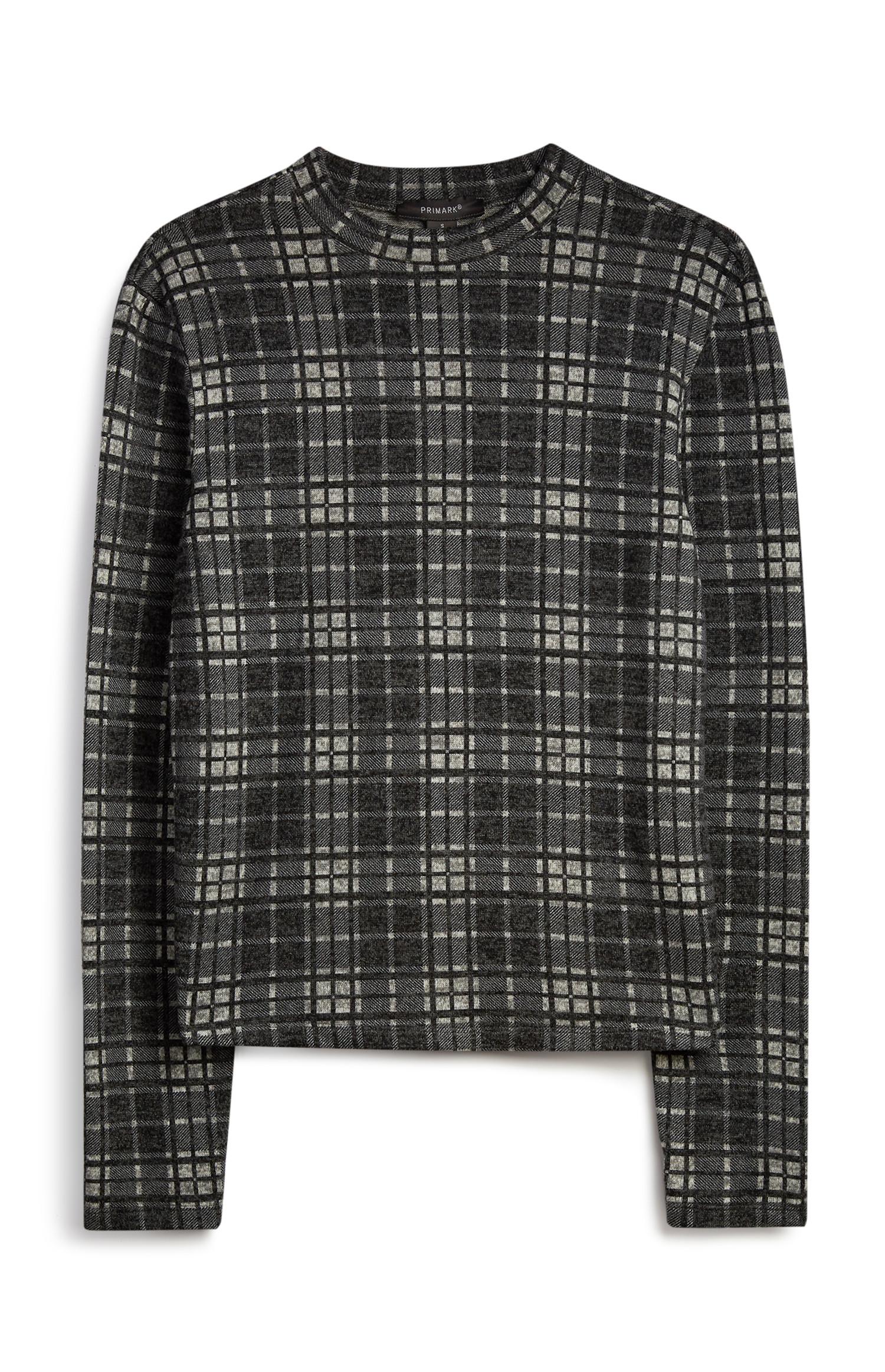 Top gola redonda xadrez cinzento