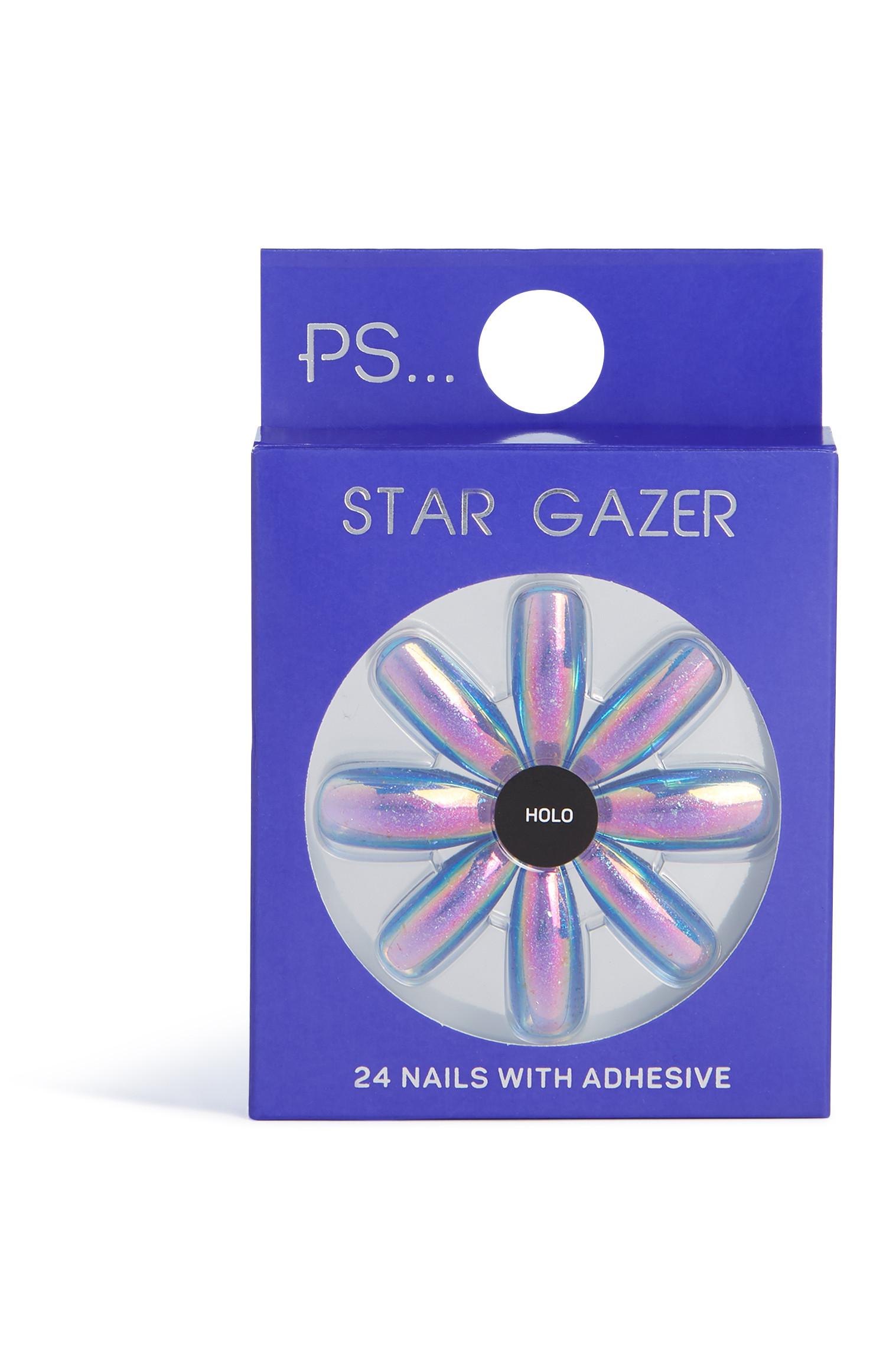 Uñas postizas largas holográficas con purpurina