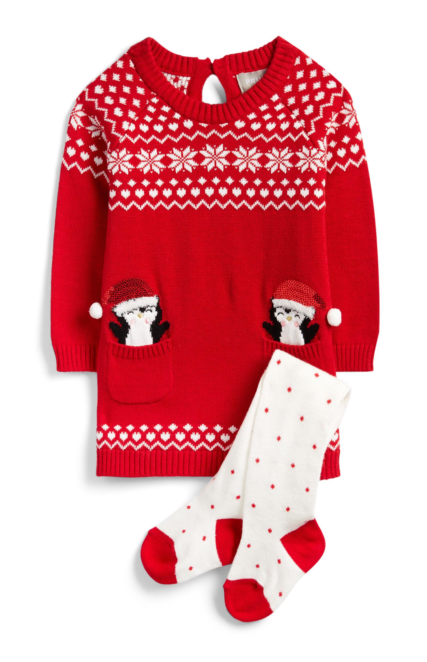 Božični komplet za dojenčke: rdeča pletena obleka s pingvini