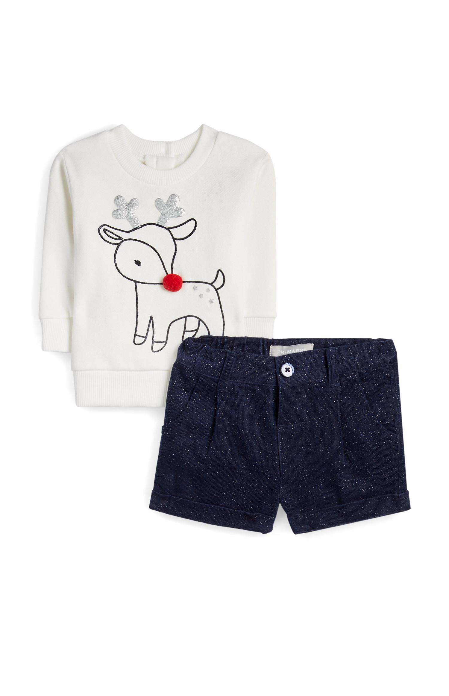 Jersey blanco del reno Rudolph con pantalones cortos azules con purpurina para bebé niña