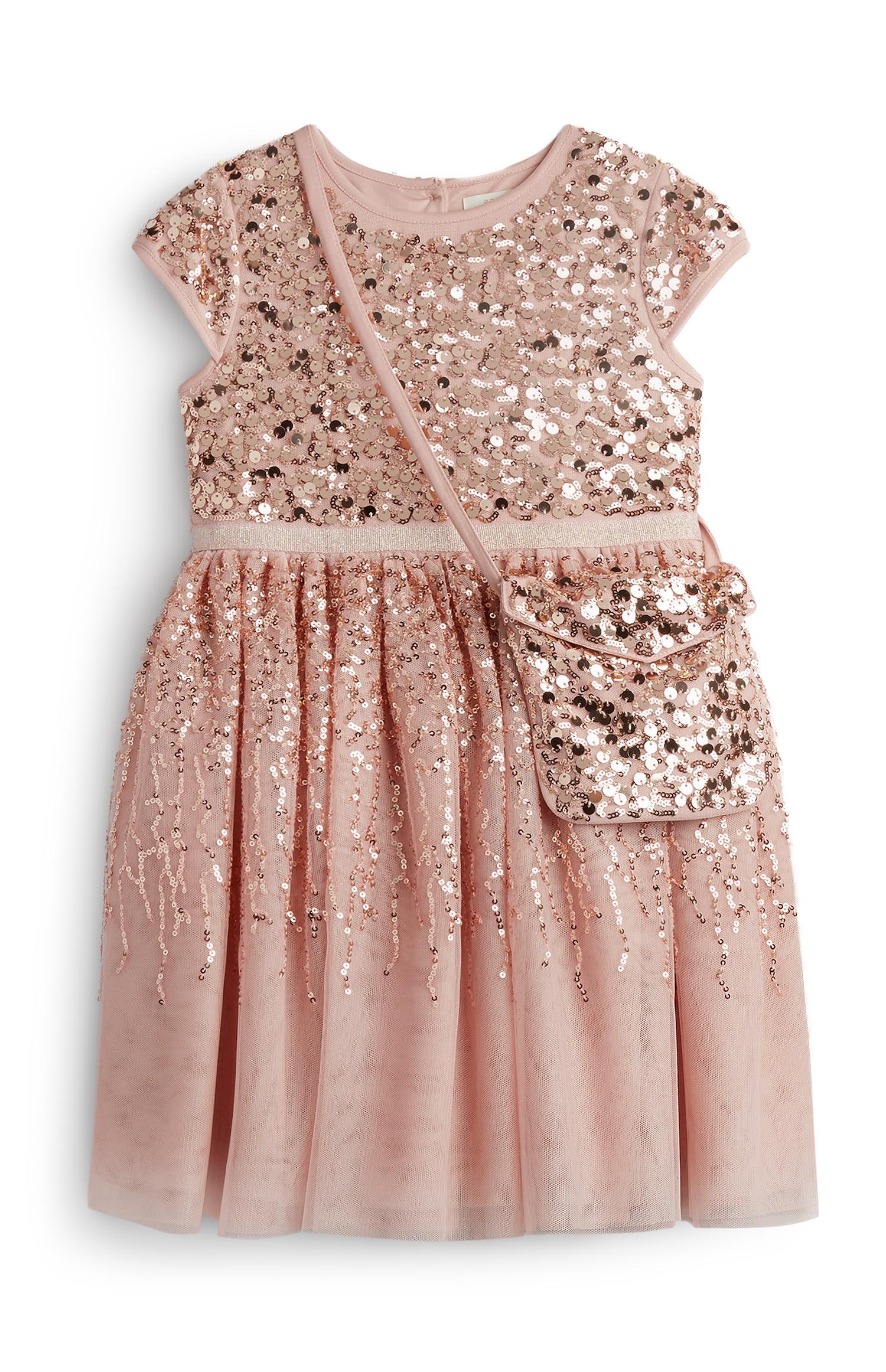 Vestido rosa brillante con lentejuelas con bolso a juego para niña pequeña
