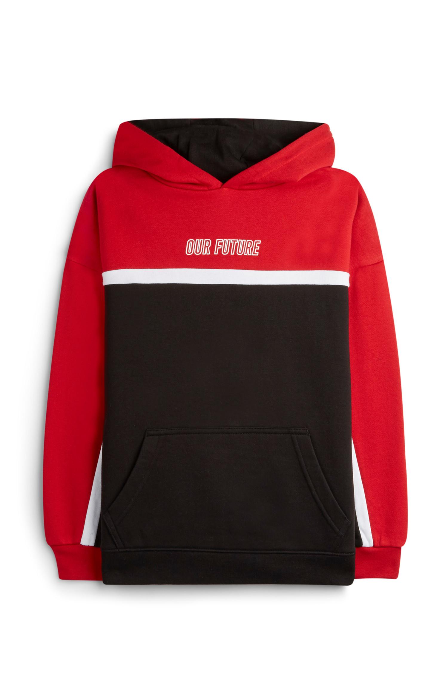 Rdeč pulover s kapuco in barvnimi bloki Our Future za starejše fante