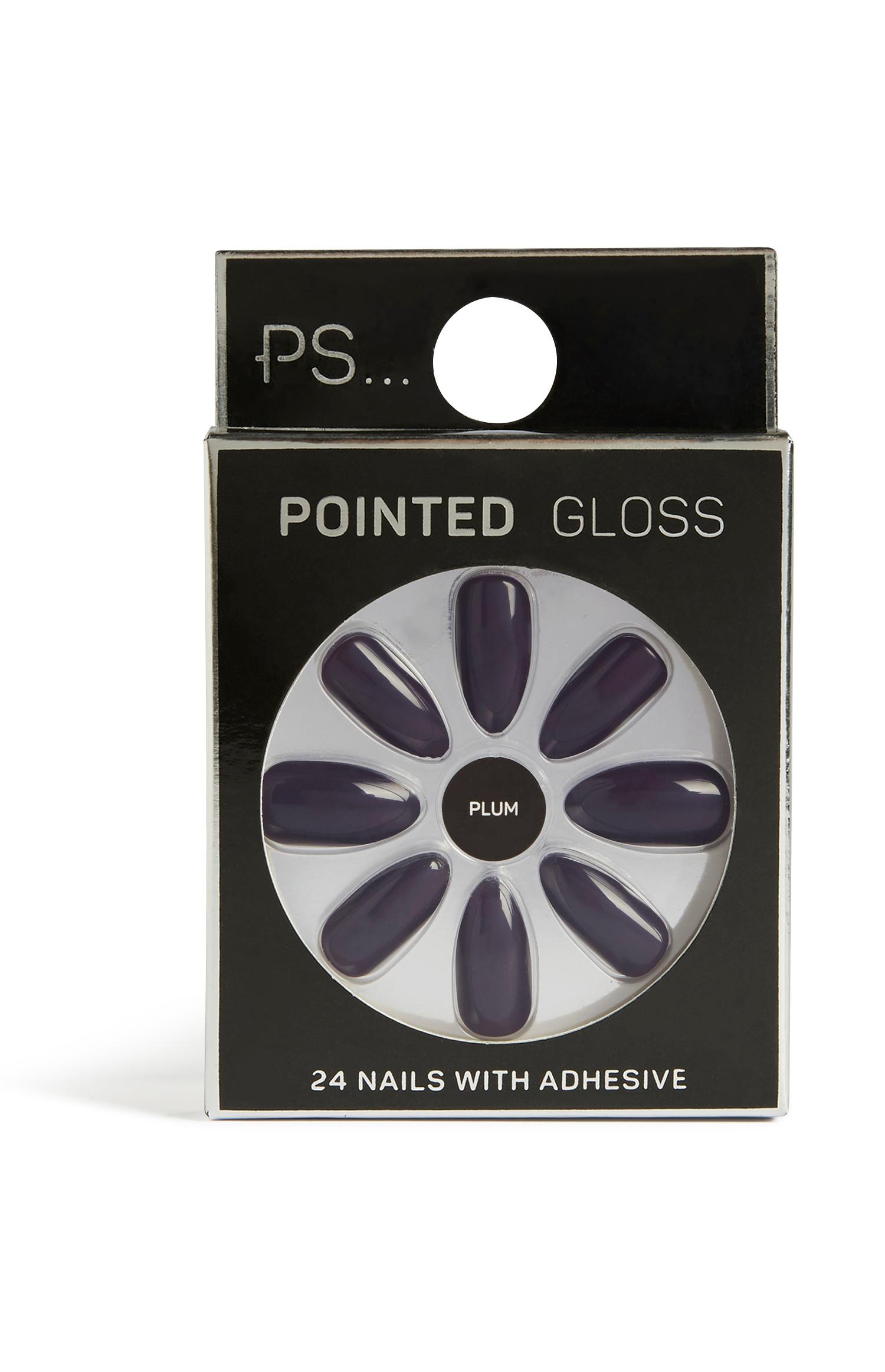 Uñas postizas color ciruela oscuro brillantes en punta