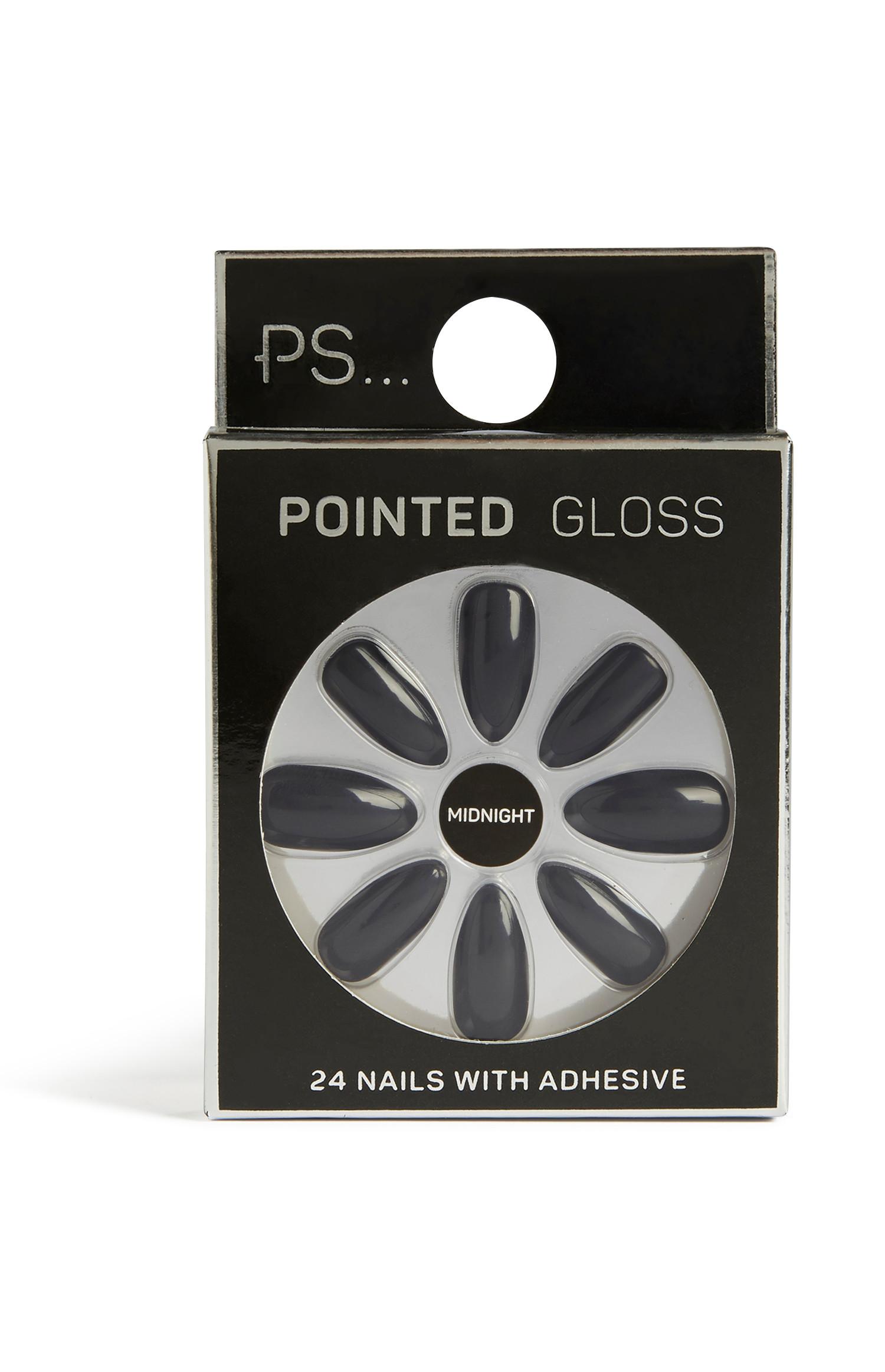 Uñas postizas color medianoche brillantes en punta