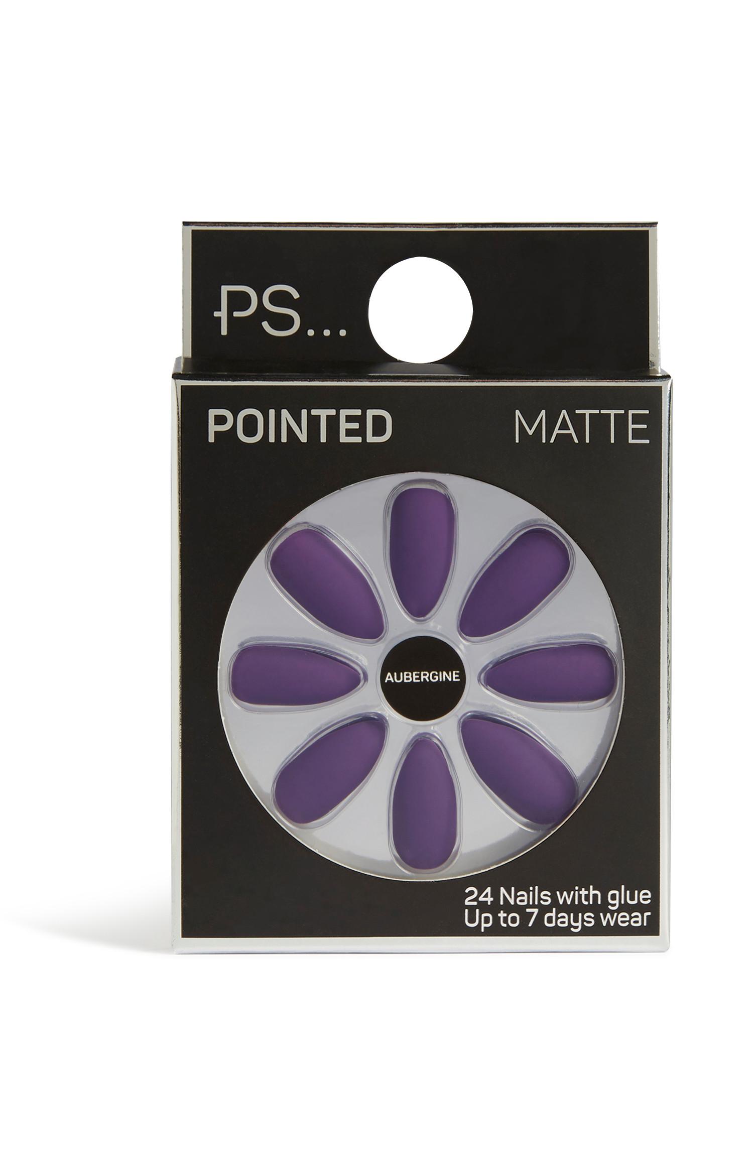 Koničasti mat nohti v barvi jajčevca