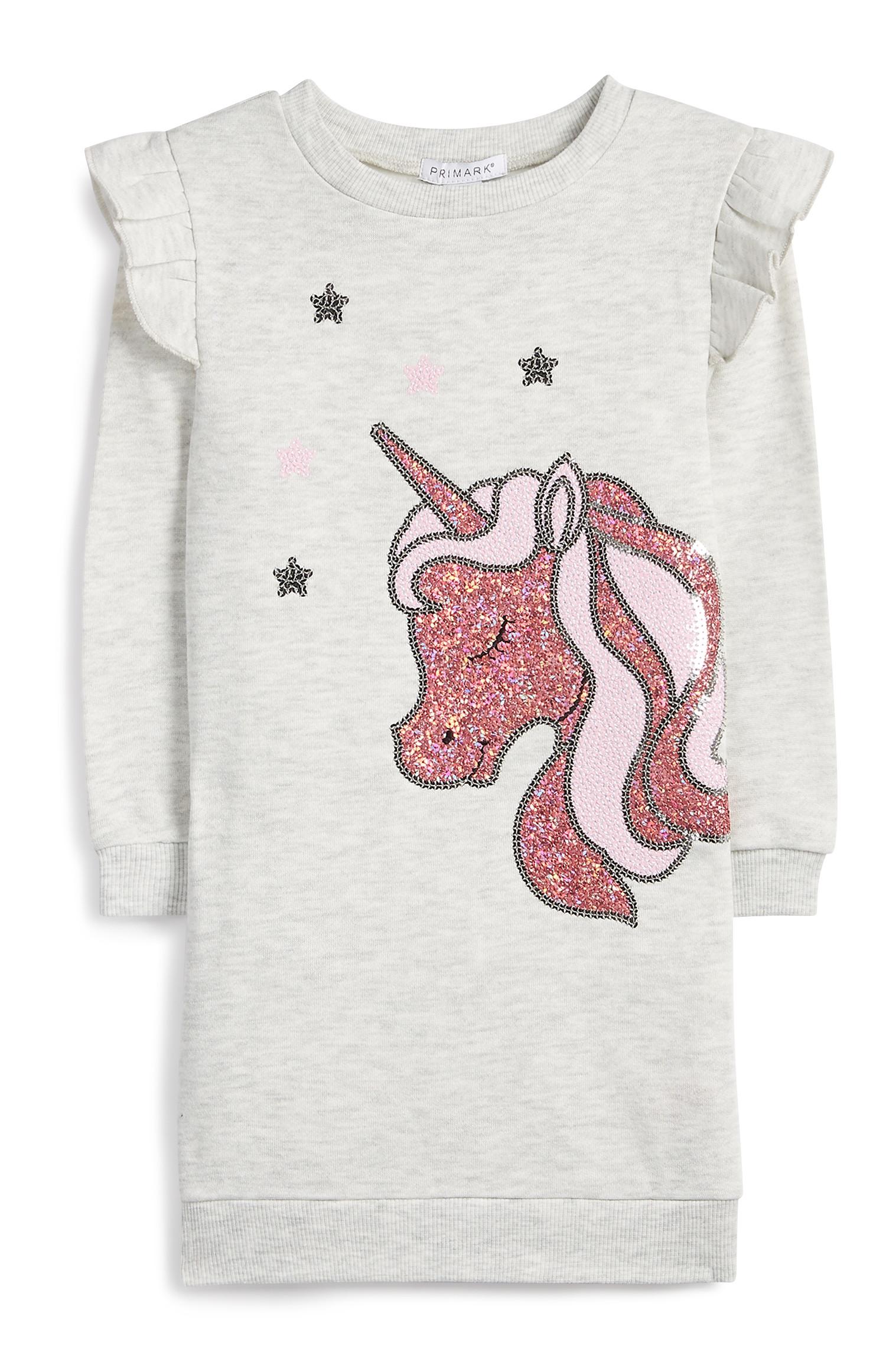 Vestido gris con lentejuelas y unicornio para niña pequeña