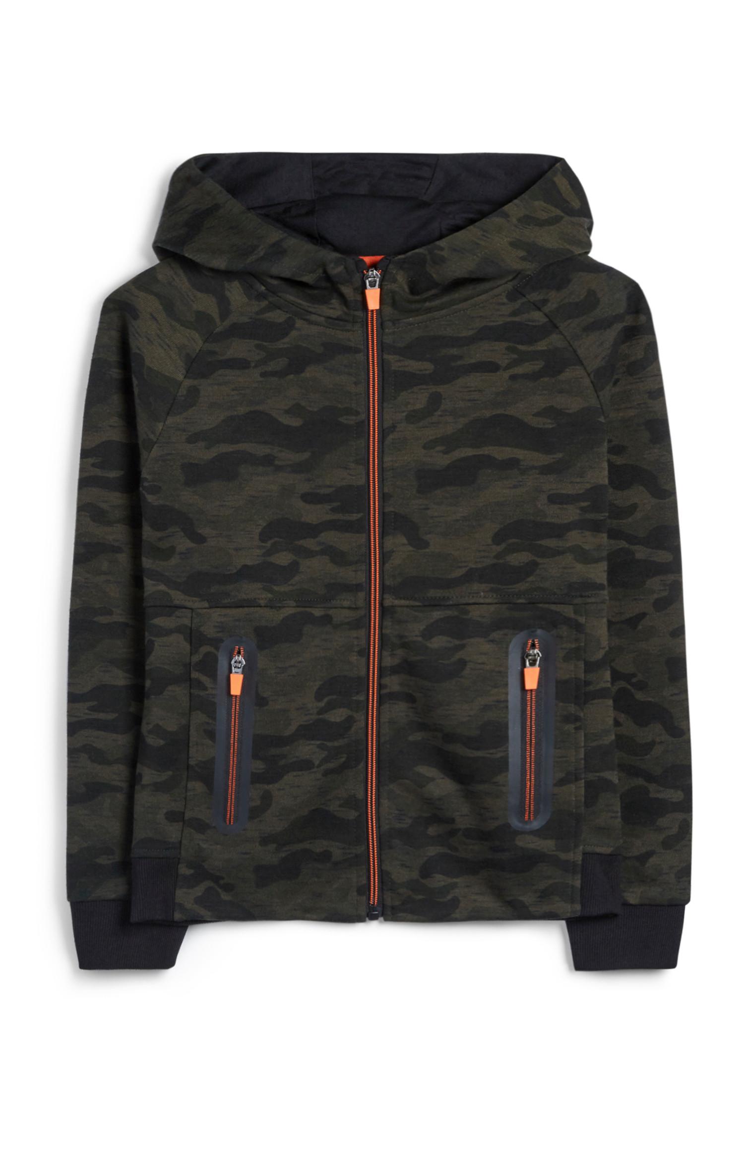 Sudadera con capucha, cremallera y estampado de camuflaje para niño mayor