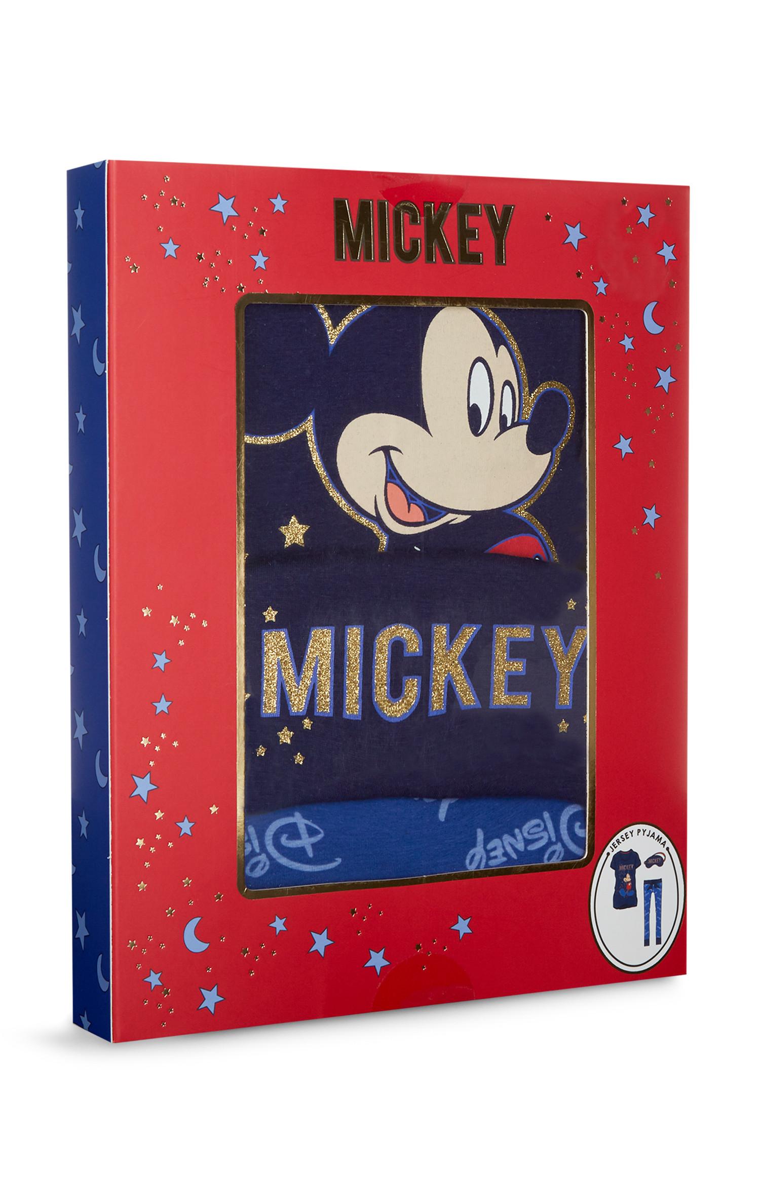 Caixa oferta pijama malha Mickey e Minnie com máscara olhos