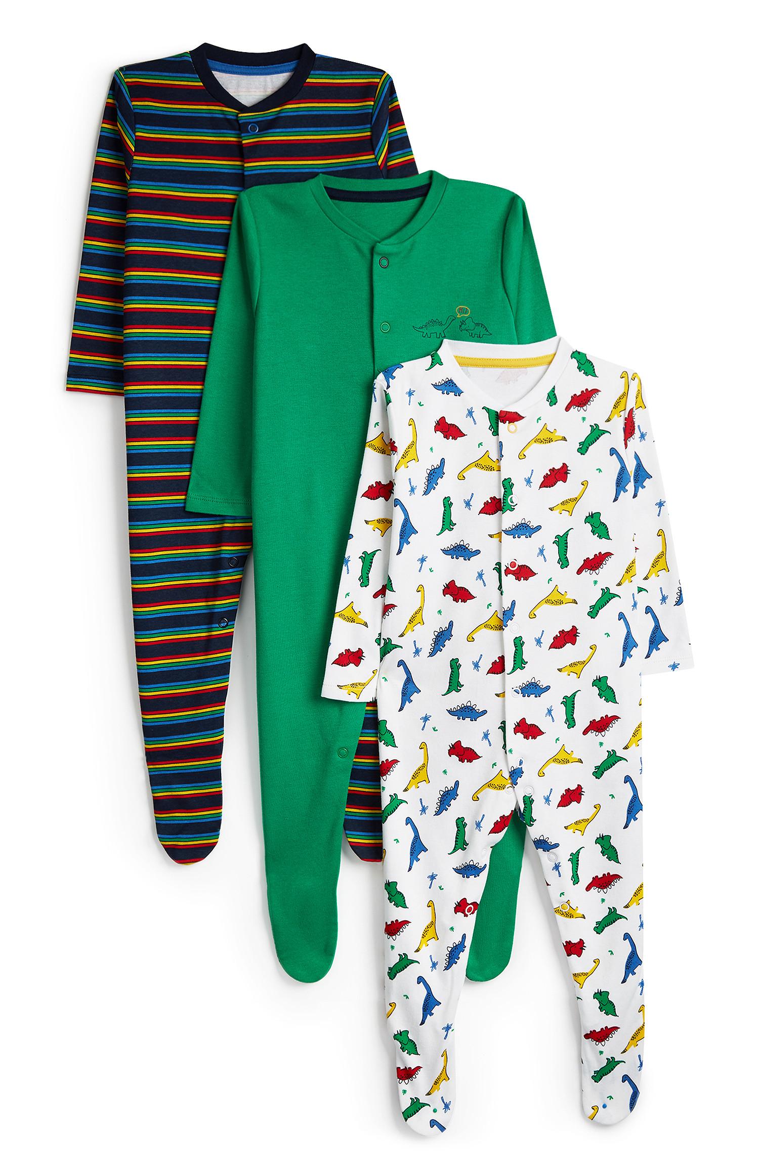 Fantovski spalni pajac z dolgimi rokavi in potiskom dinozavrov za dojenčke, 3 kosi