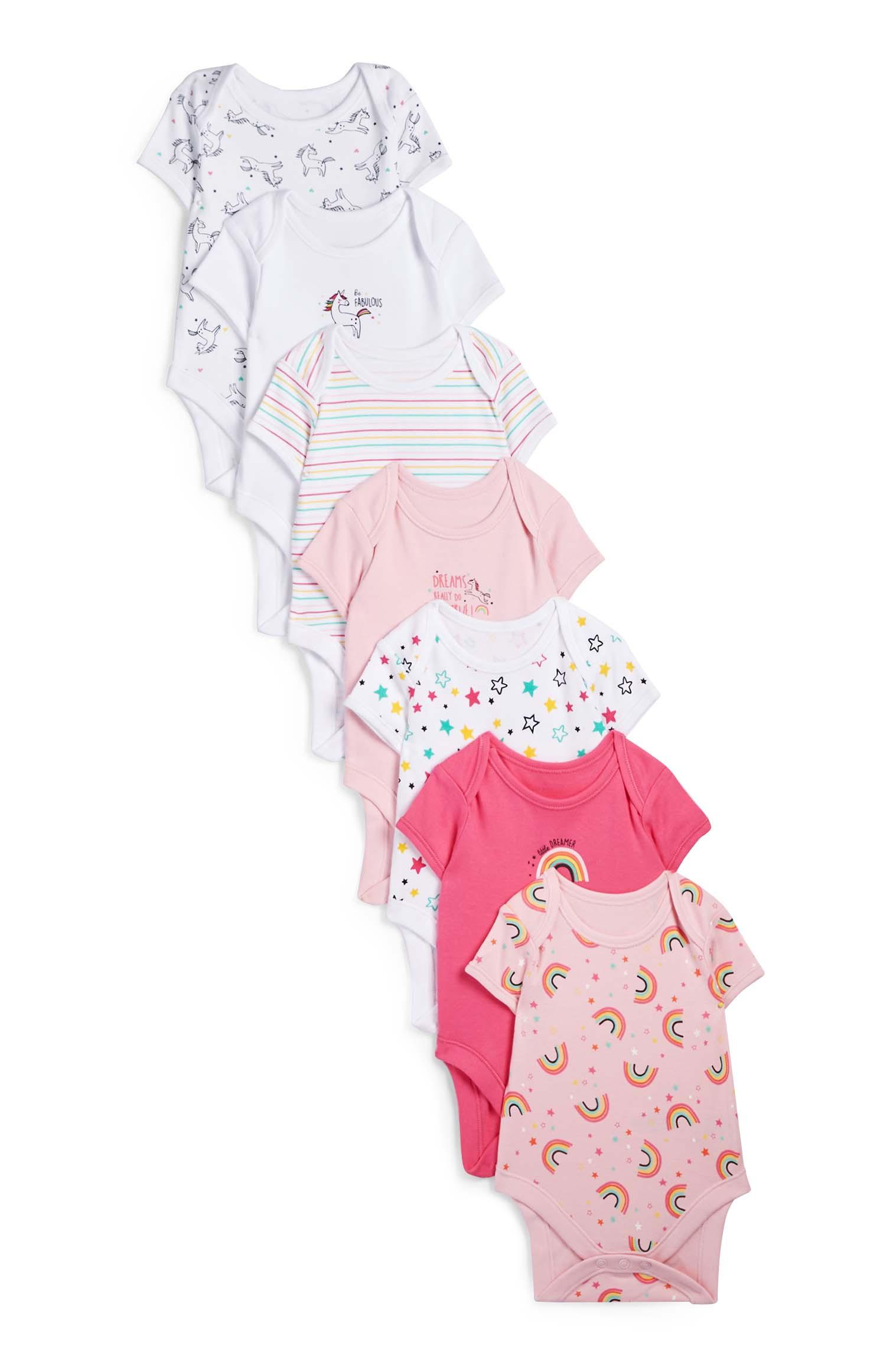 Dekliški rožnat bodi s kratkimi rokavi in mavričnim potiskom za novorojenčke, 7 kosov