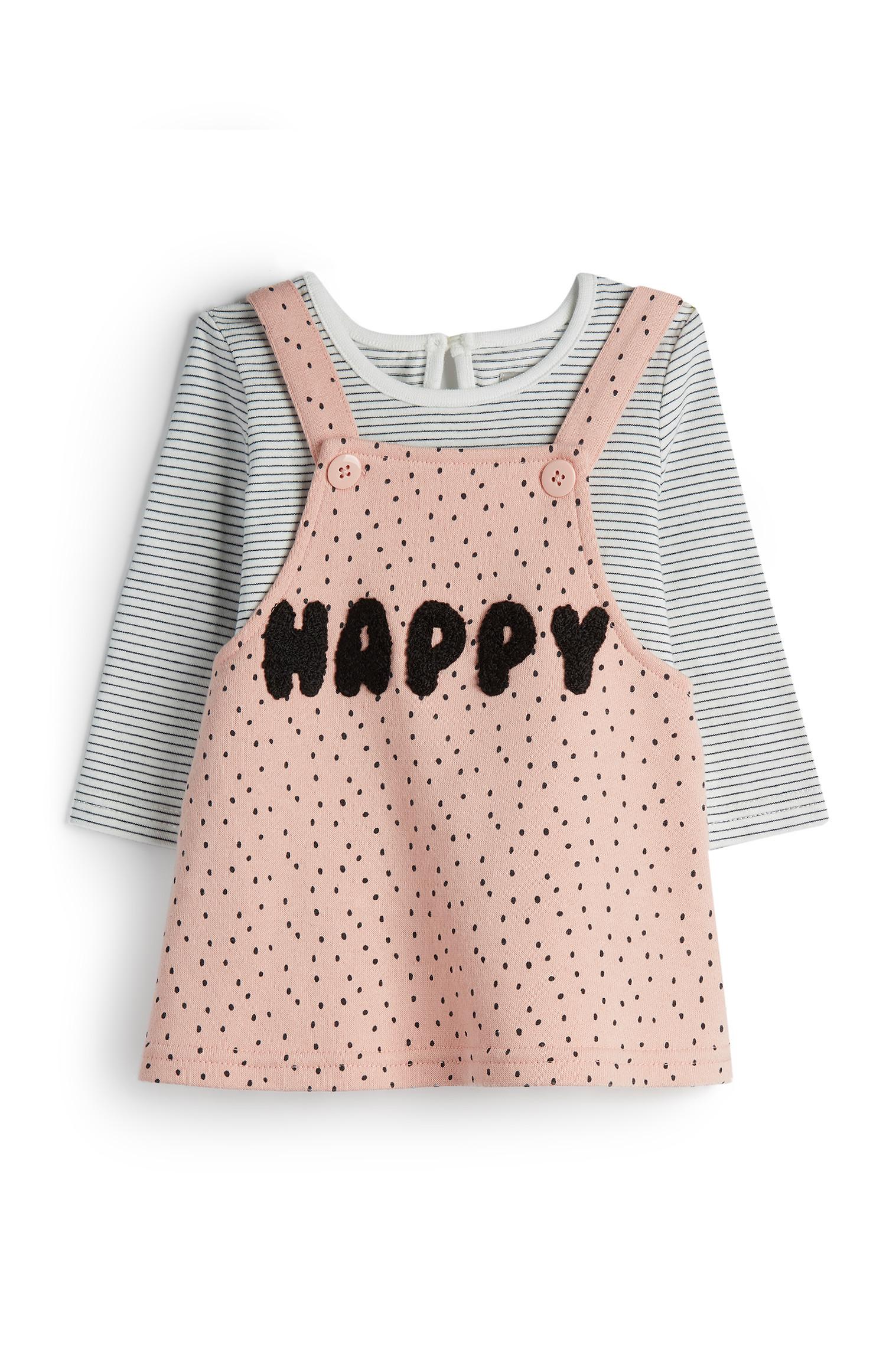 Pichi rosa y camiseta a rayas «Happy» para bebé niña