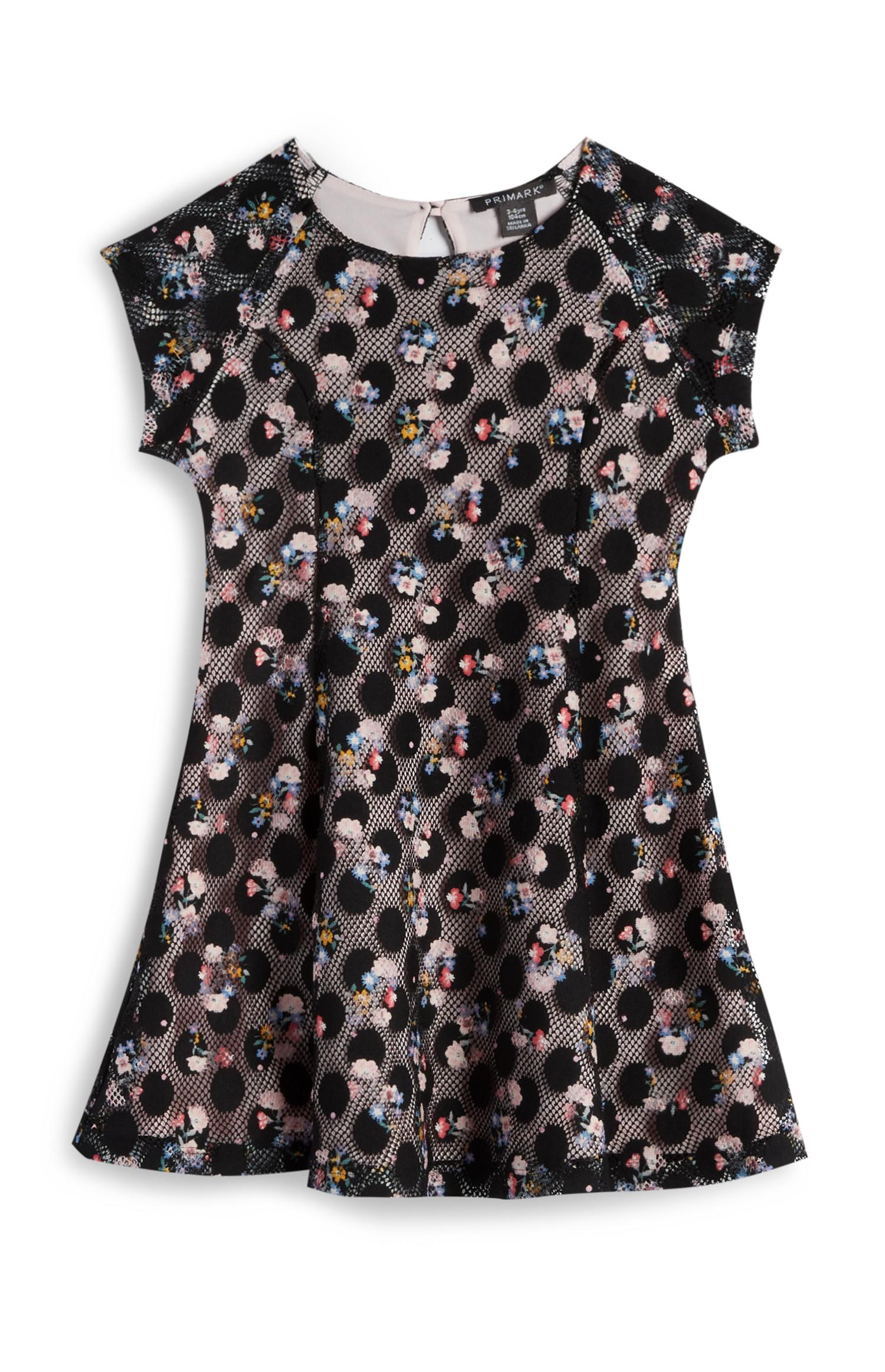 Vestido rosa y negro con estampado de flores y lunares para niña pequeña