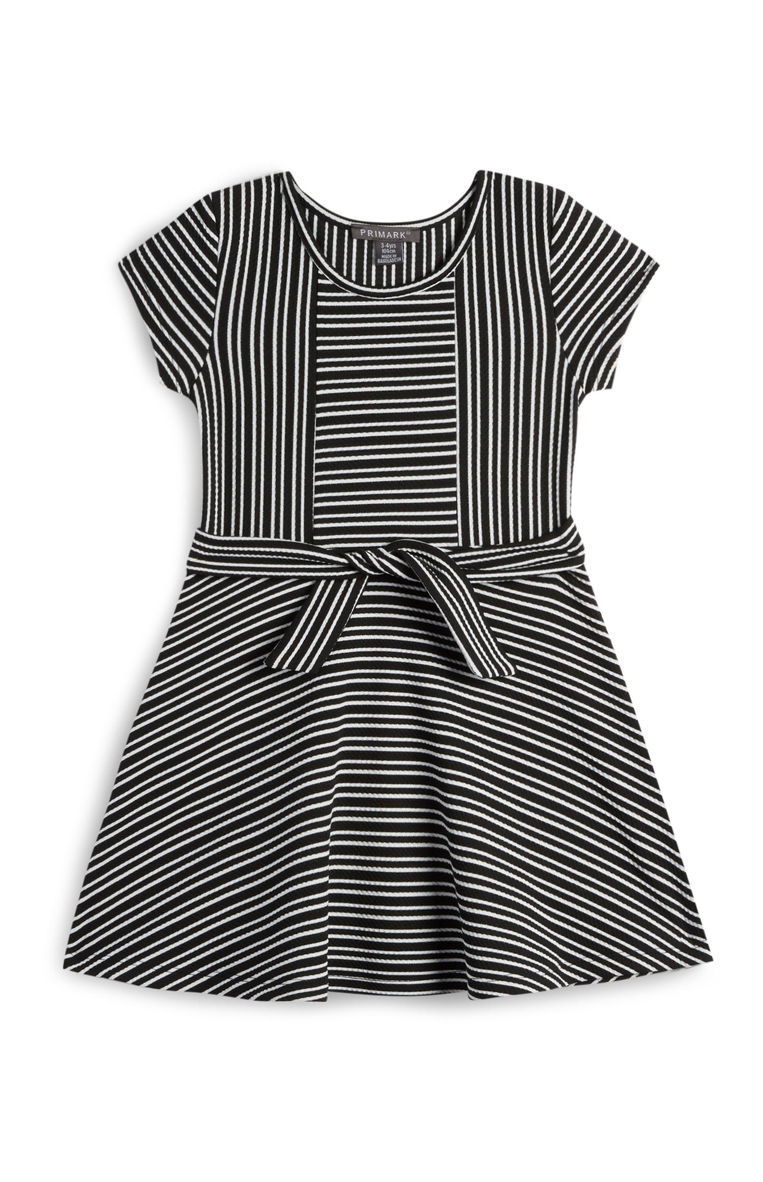 Vestido a rayas blancas y negras con lazo delantero para niña pequeña