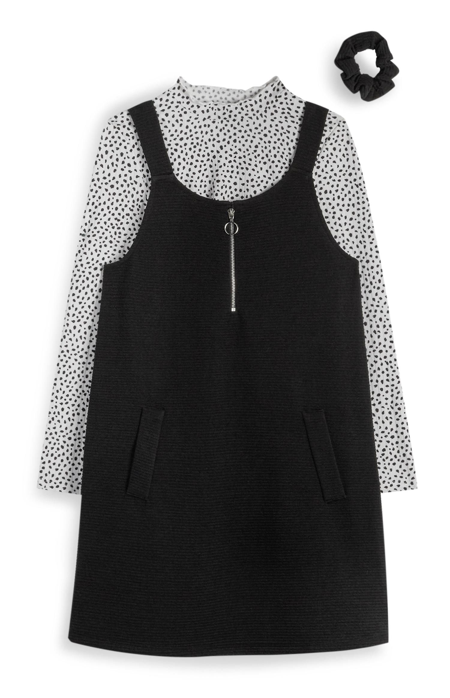 Pichi negro y gris con cremallera delantera, camiseta de lunares y coletero para niña mayor