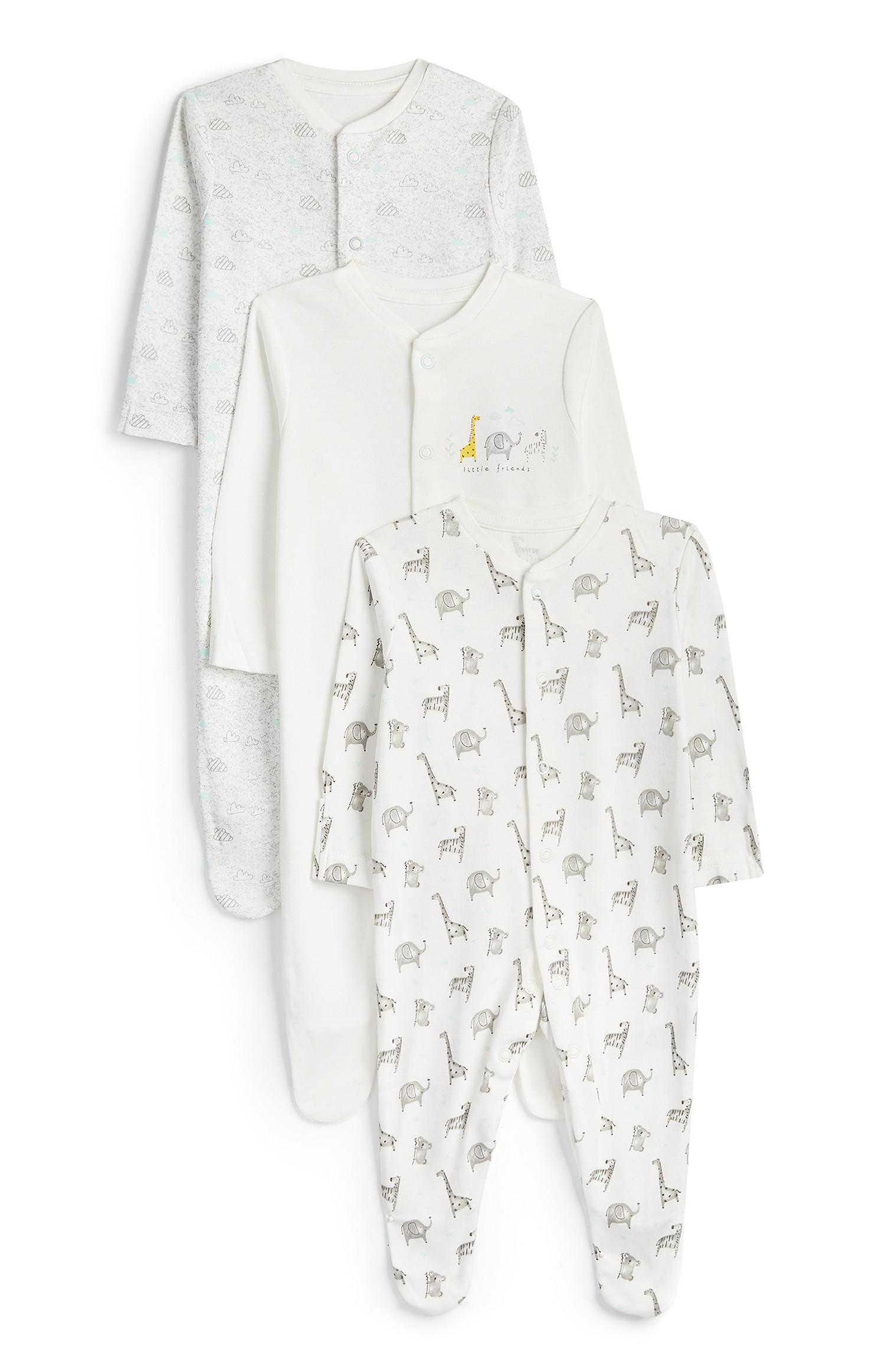 Spalni pajac z dolgimi rokavi in safari potiskom za novorojenčke, 3 kosi