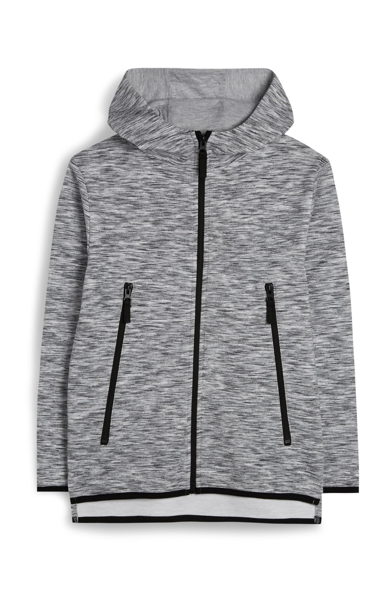 Siv meliran pulover s kapuco in zadrgo za fante