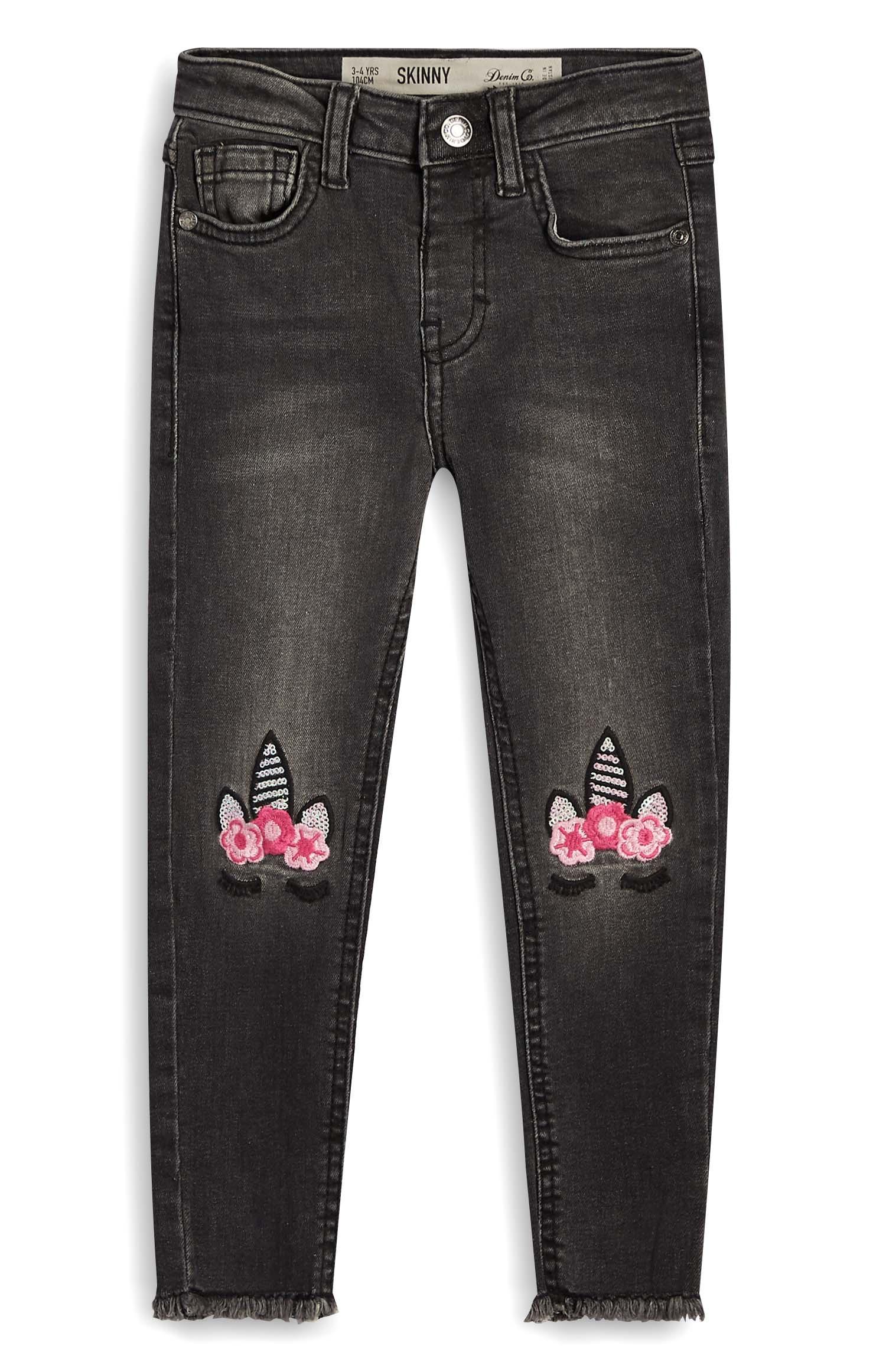 Oprijete kavbojke z okraski v obliki samoroga na kolenih za mlajša dekleta