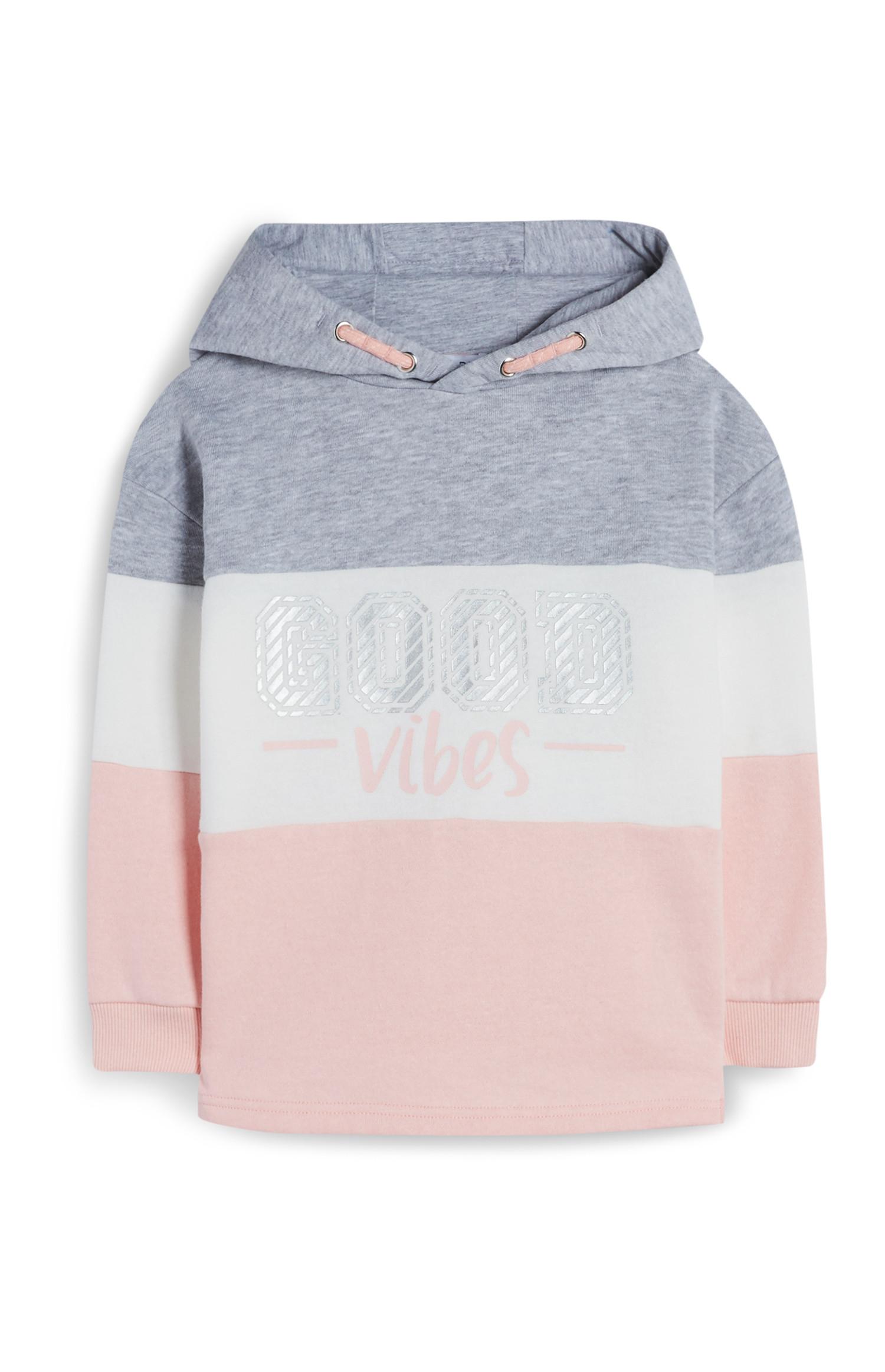 Sudadera con capucha y bloques de color rosas, blancos y grises para niña pequeña