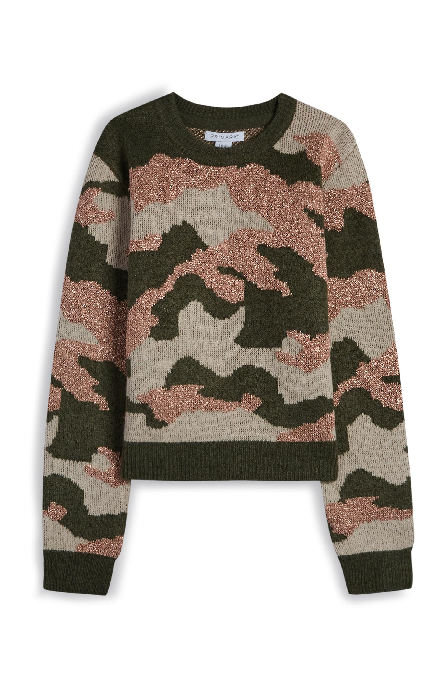 Pulover z kamuflažnim vzorcem rožnate in kaki barve za dekleta
