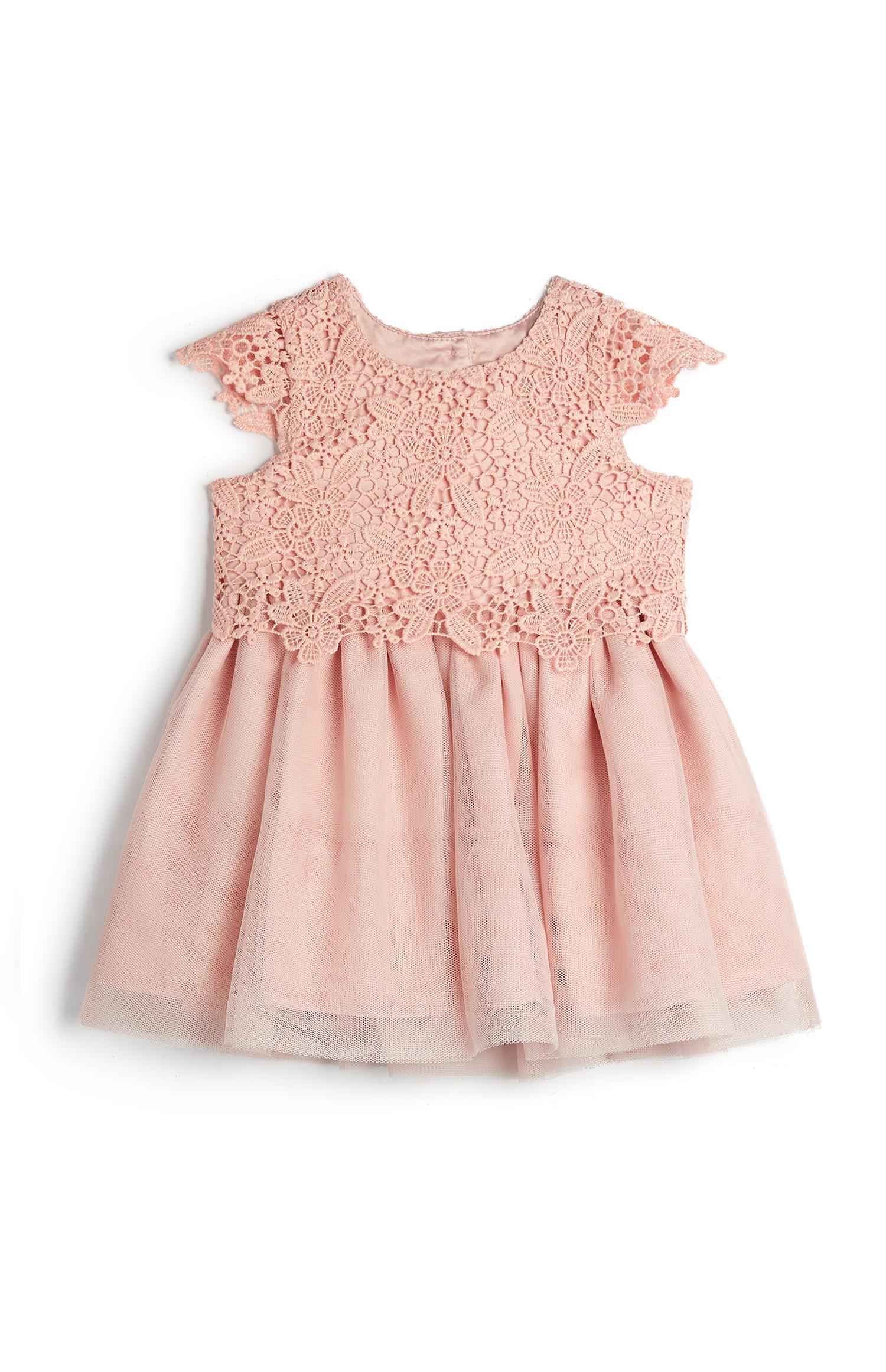 Vestido rosa palo de malla con bordado para bebé niña