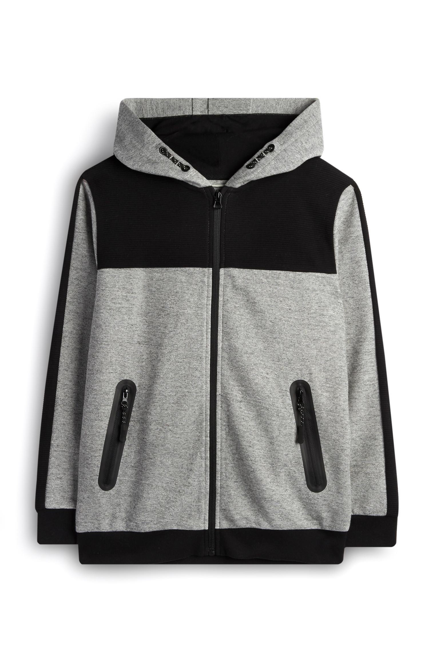 Sudadera con capucha, cremallera y bloques de color en gris para niño mayor