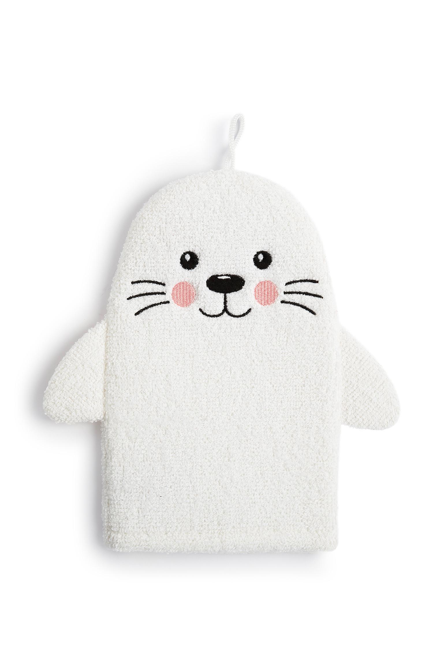 Manopla de baño blanca en forma de foca