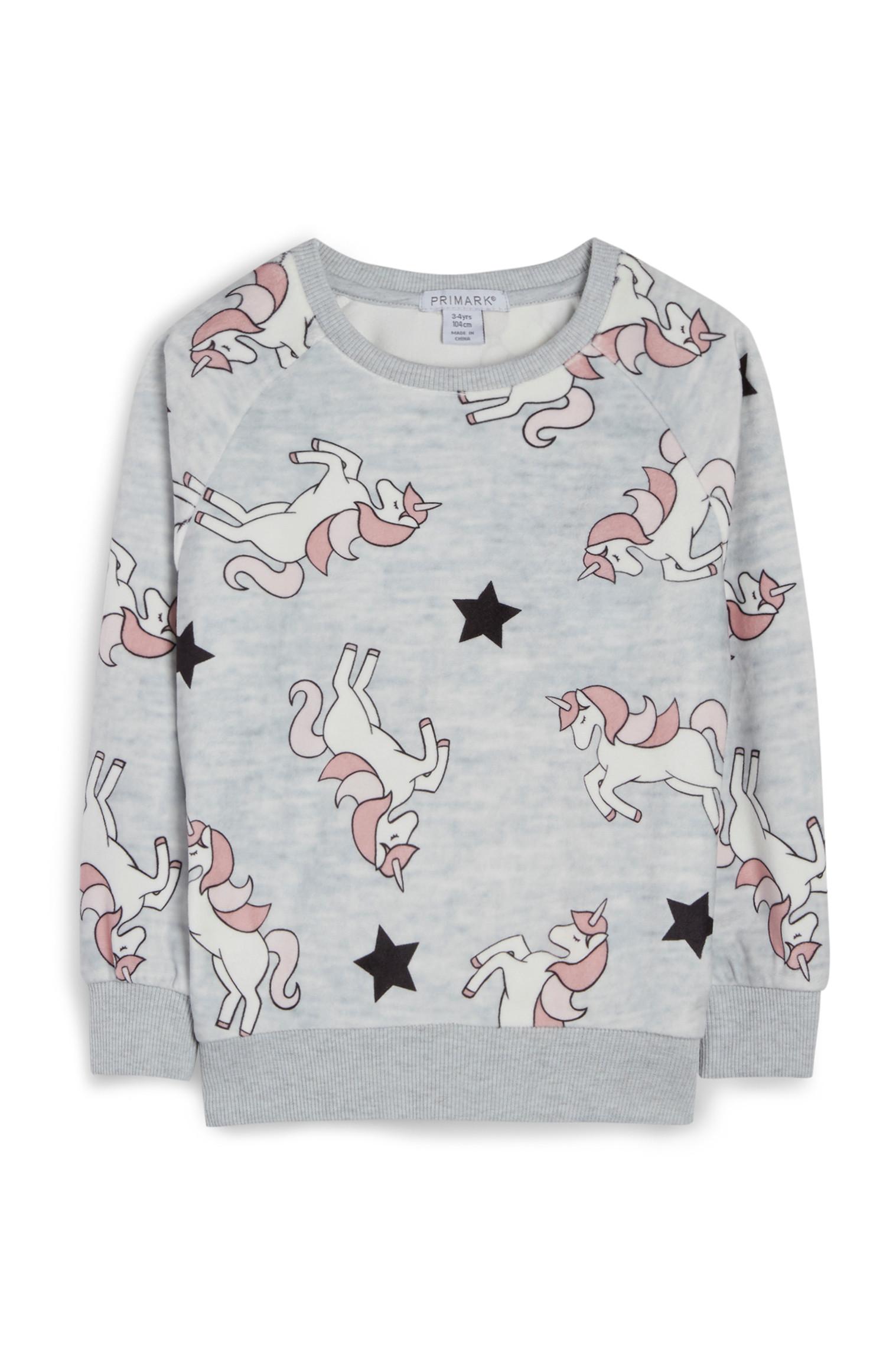 Jersey gris de cuello redondo con unicornio para niña pequeña