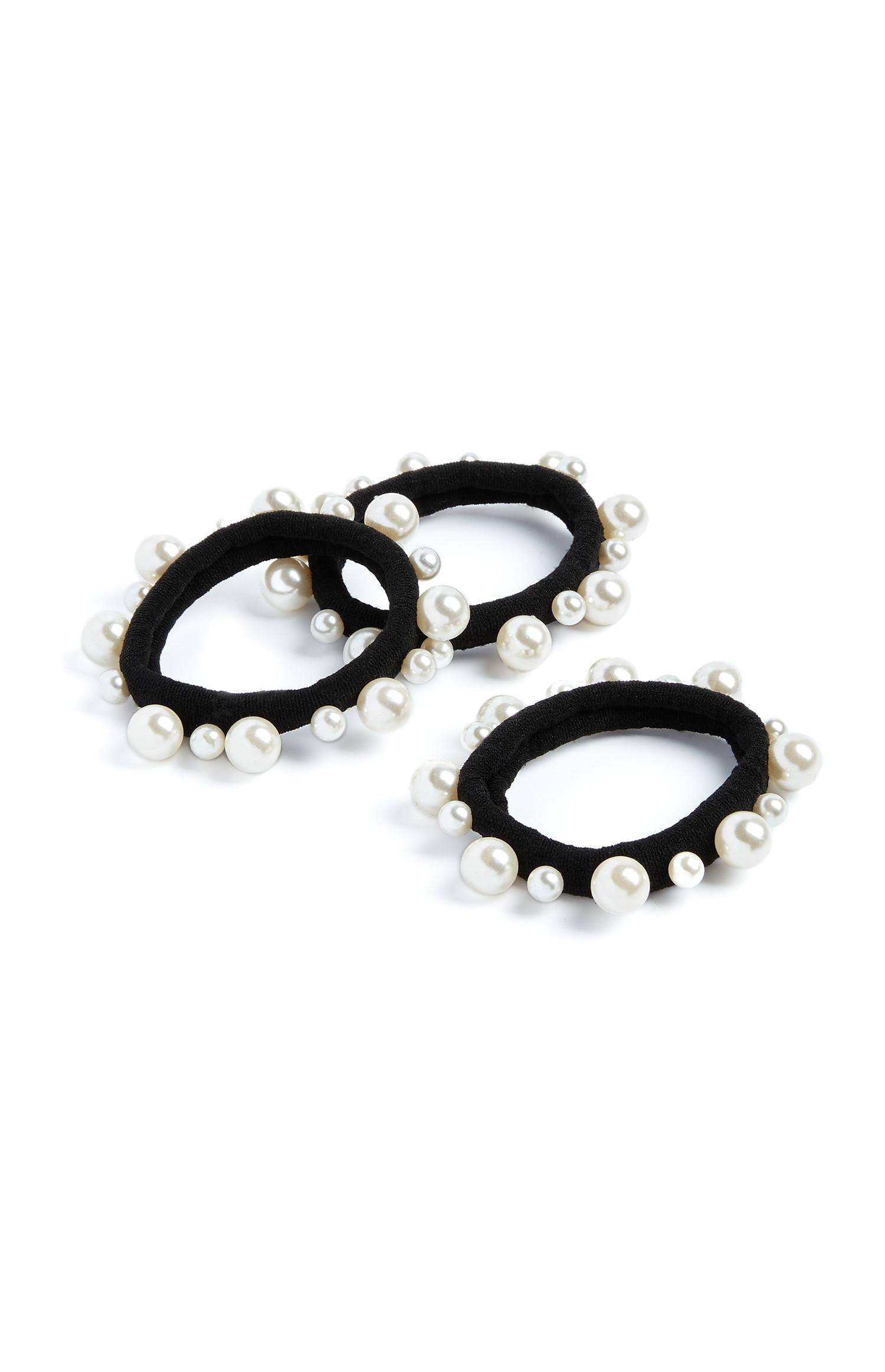 Pack 3 elásticos cabelo pérolas preto