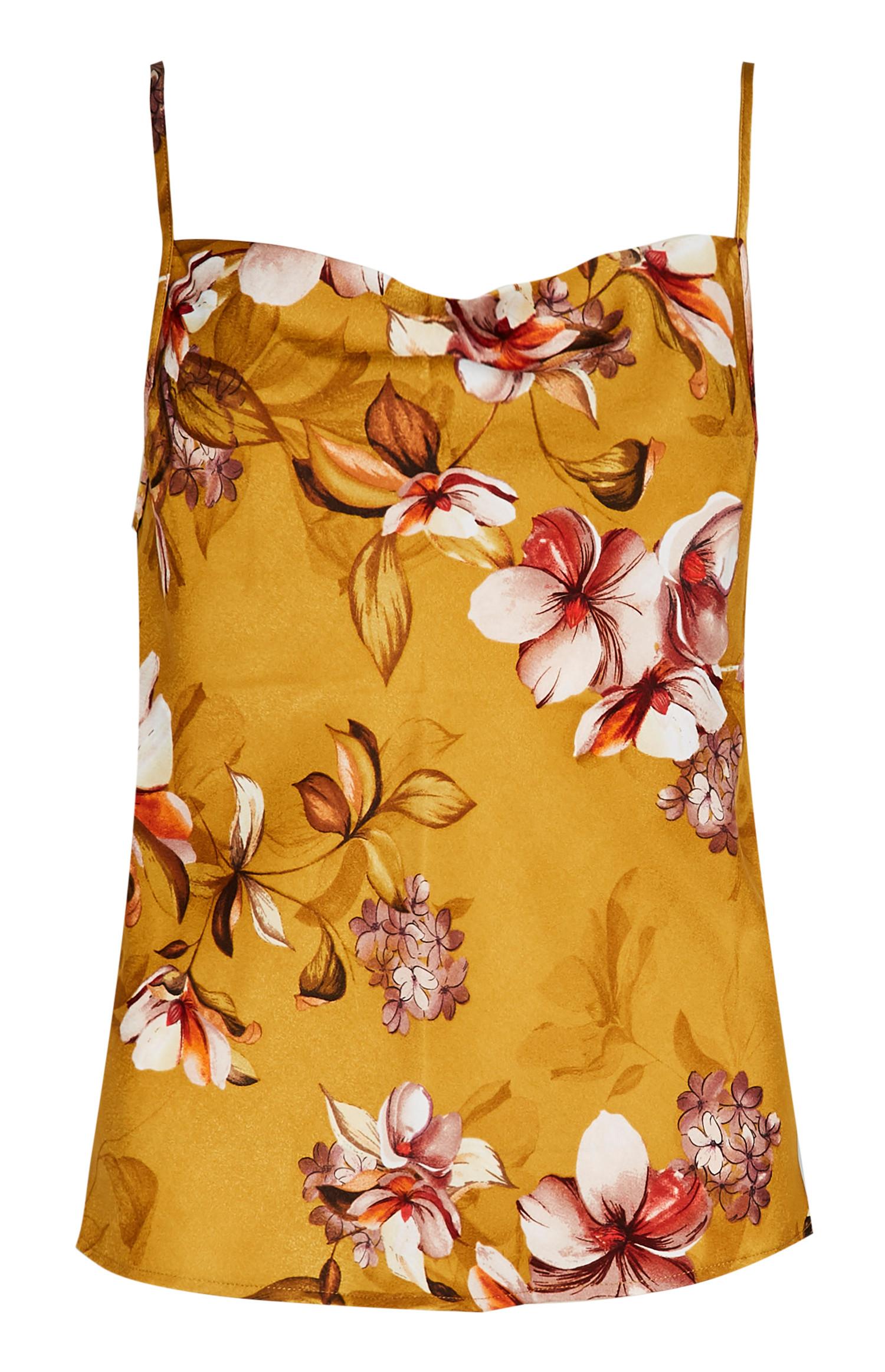 Top alças pijama cetim padrão floral mostarda