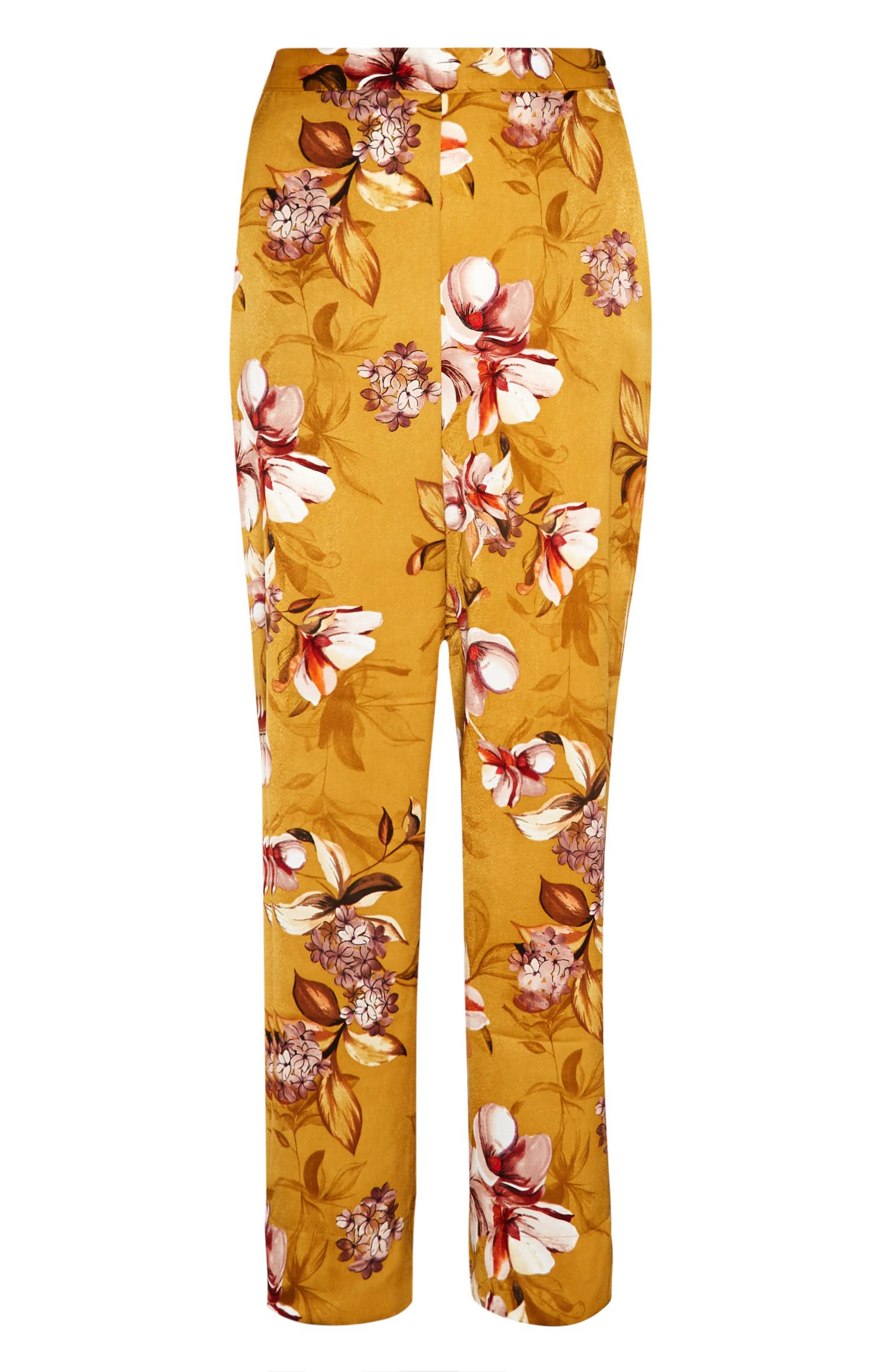 Calças pijama cetim padrão floral mostarda