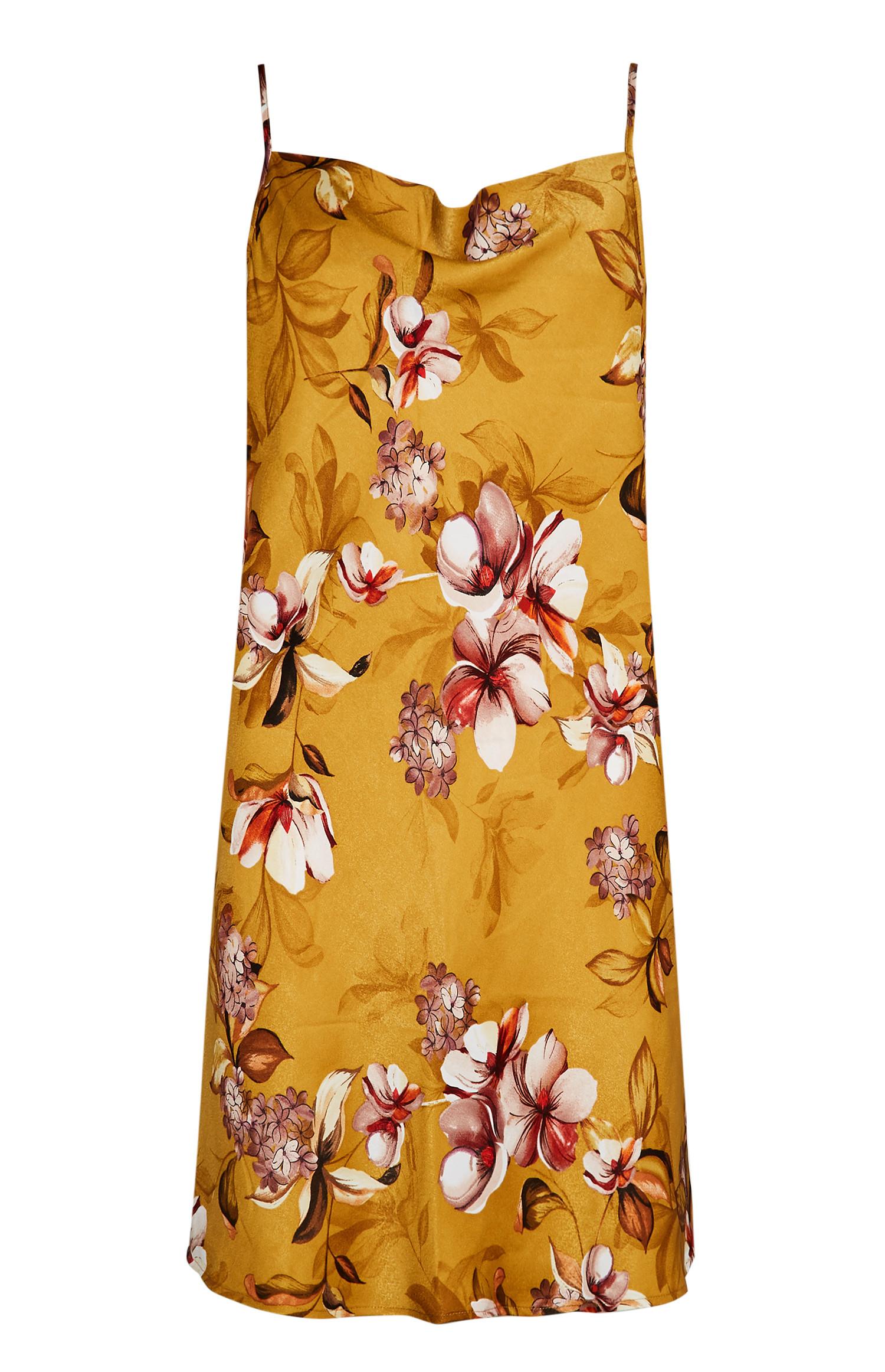 Camisa dormir alças cetim padrão floral mostarda