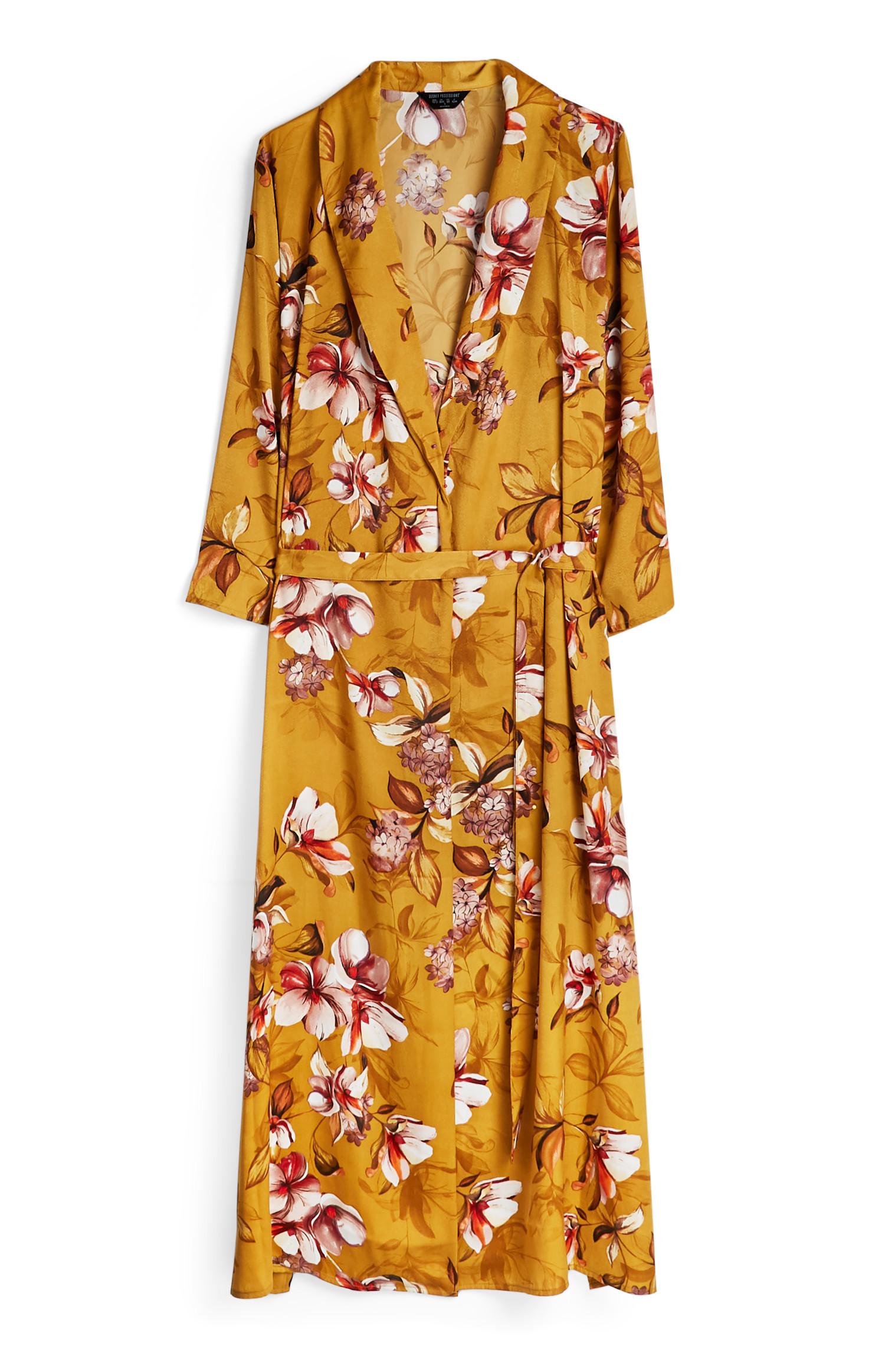 Roupão comprido cetim padrão floral mostarda