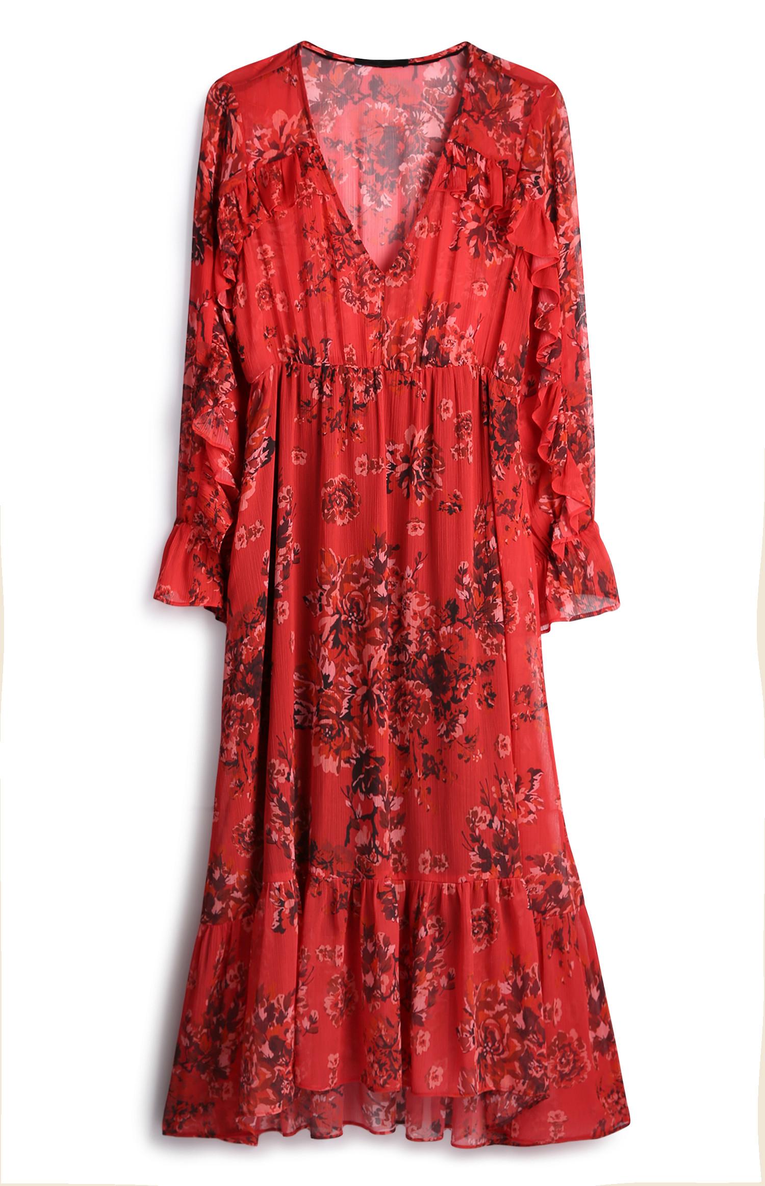 Vestido midi padrão floral vermelho