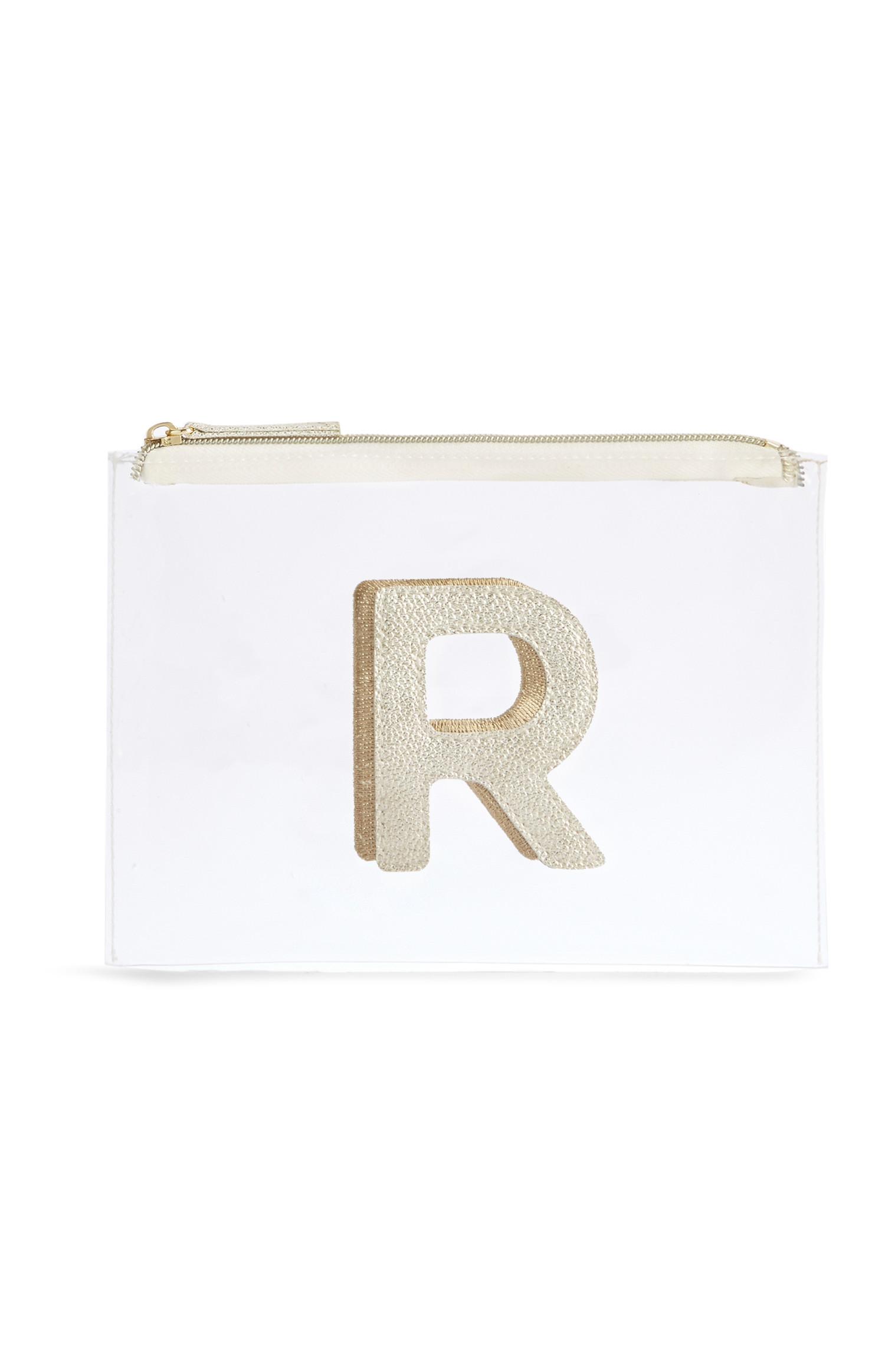 Neceser de maquillaje transparente con la letra «R»