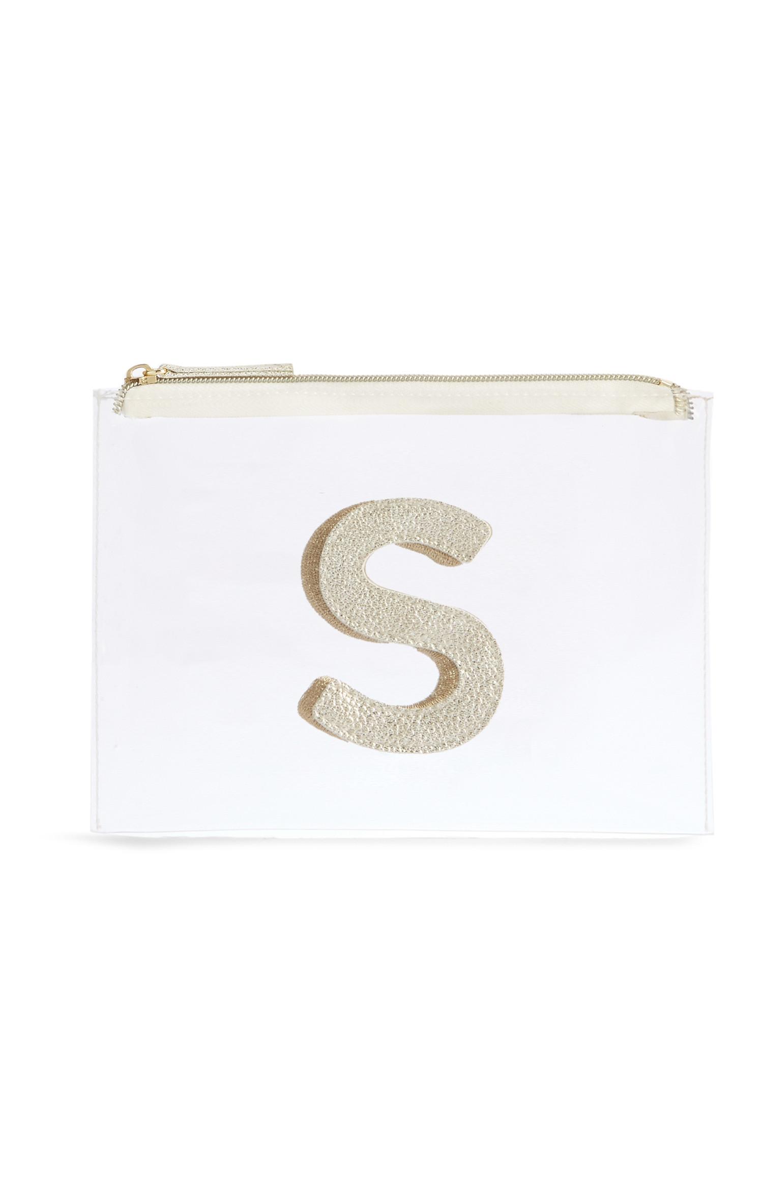 Neceser de maquillaje transparente con la letra «S»