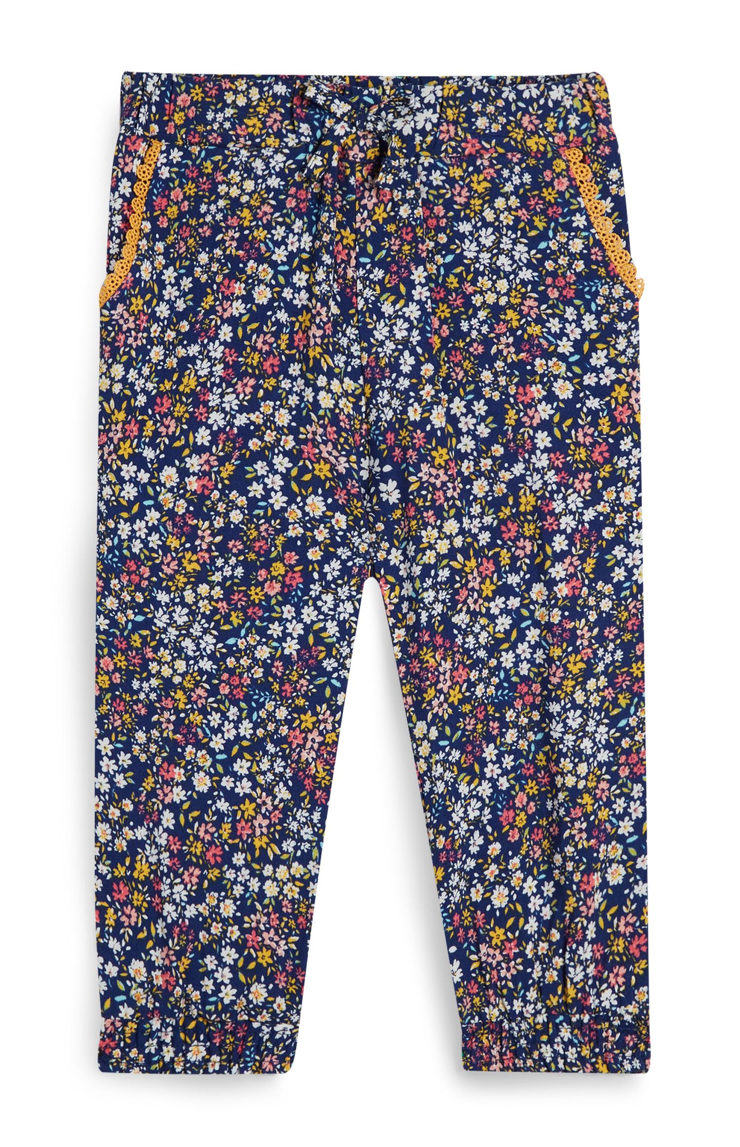 Dekliške temno modre hlače s cvetličnim vzorcem iz viskoze za dojenčke