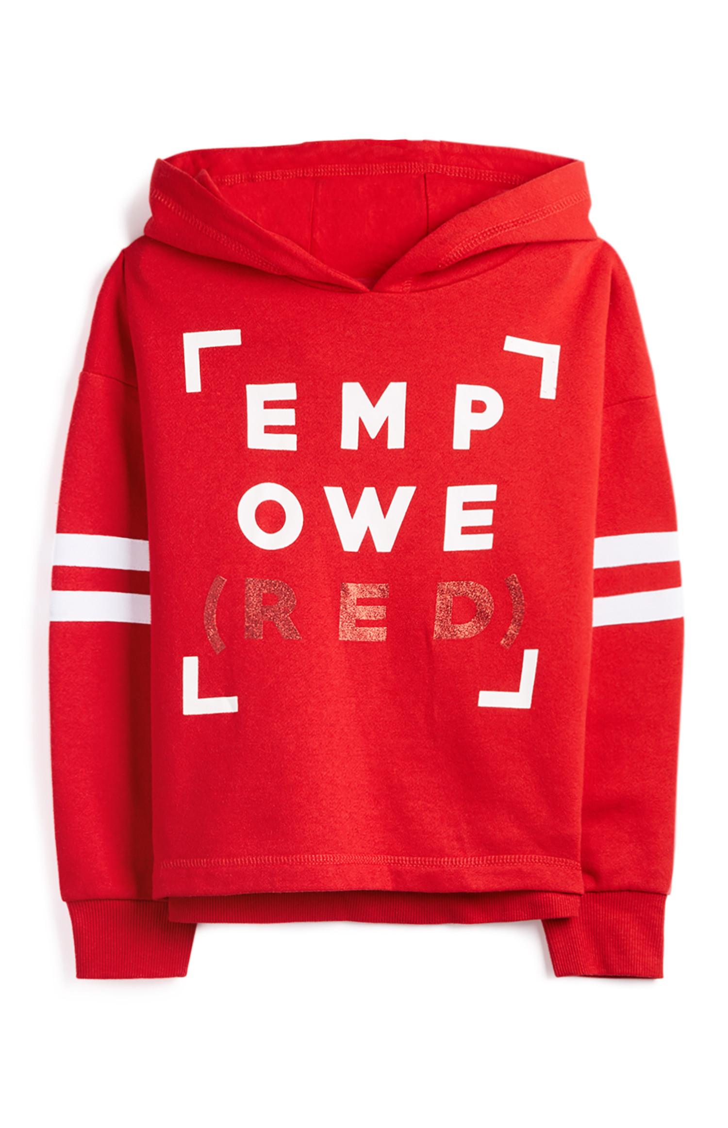 Rdeč pulover s kapuco in napisom EMPOWERED za dekleta