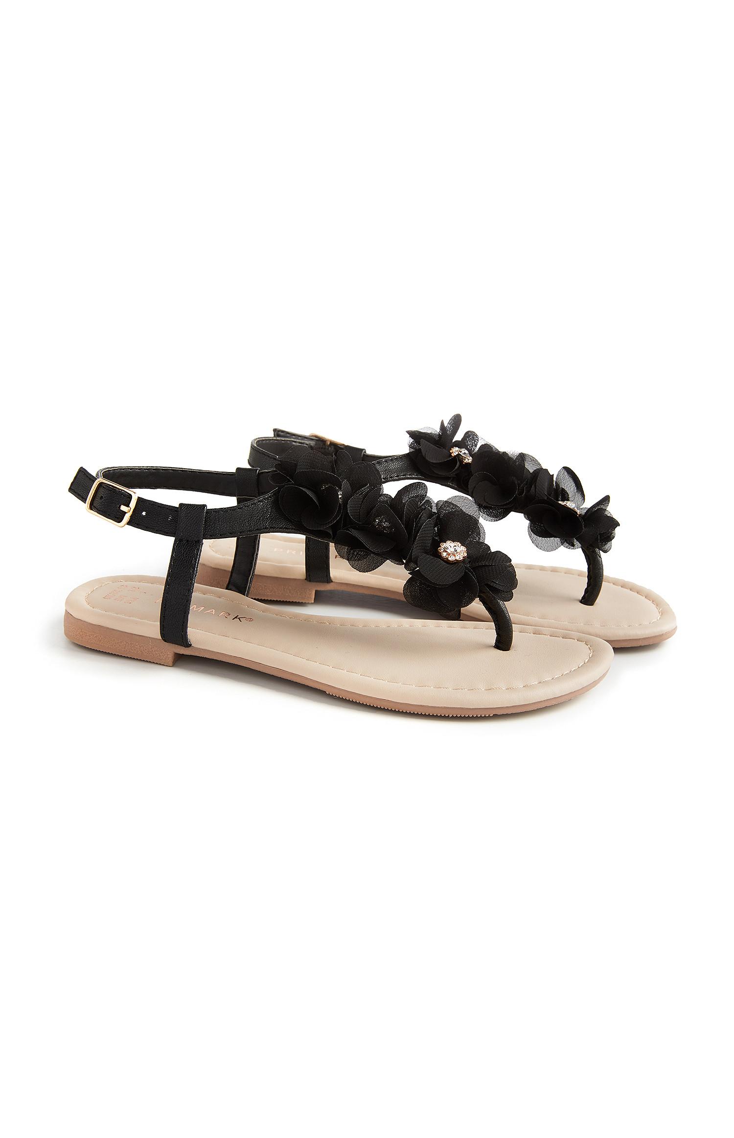 Črni cvetlični sandali z dragulji