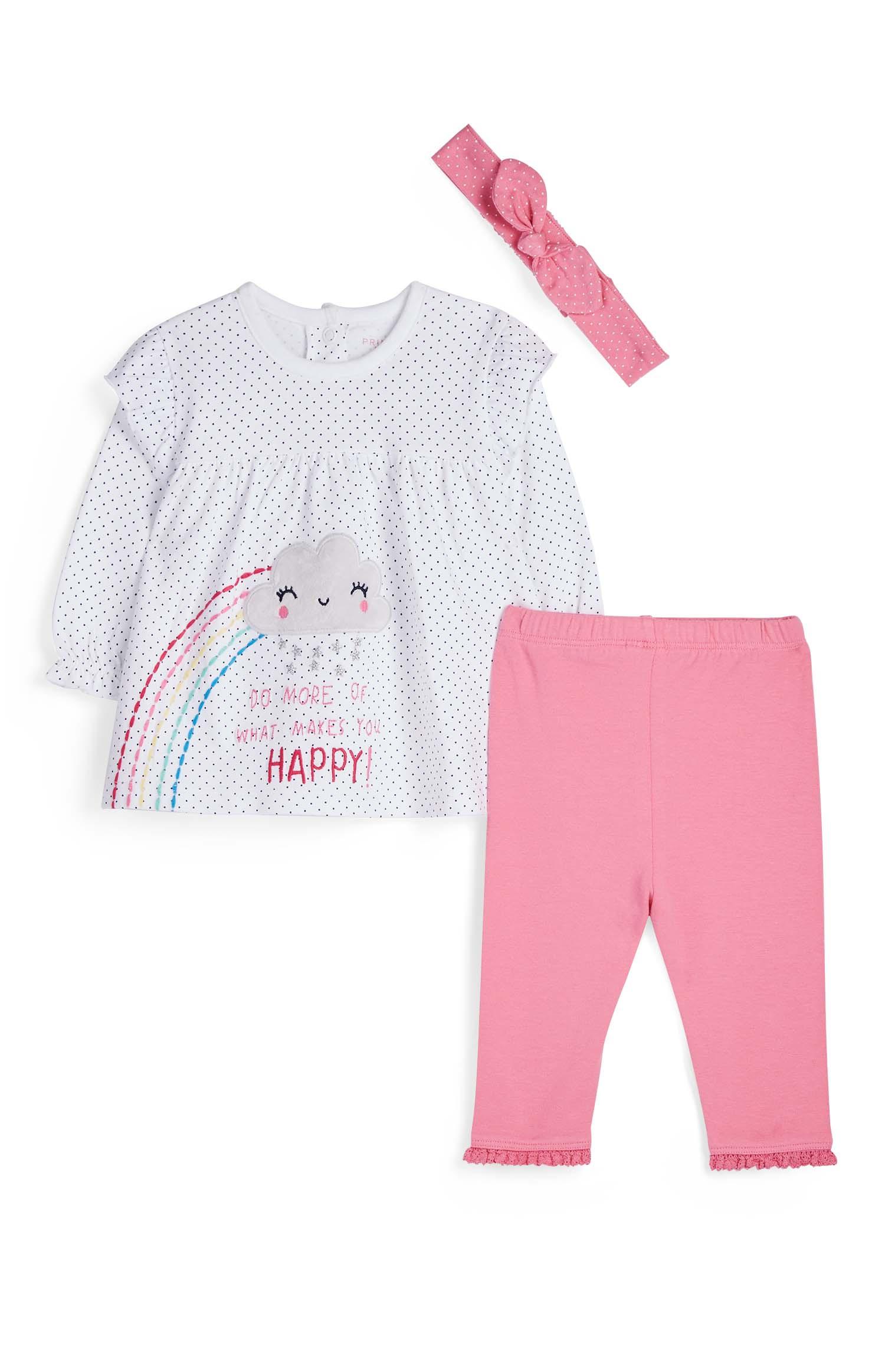 Tridelni dekliški komplet z mavrico in naglavnim trakom za novorojenčke