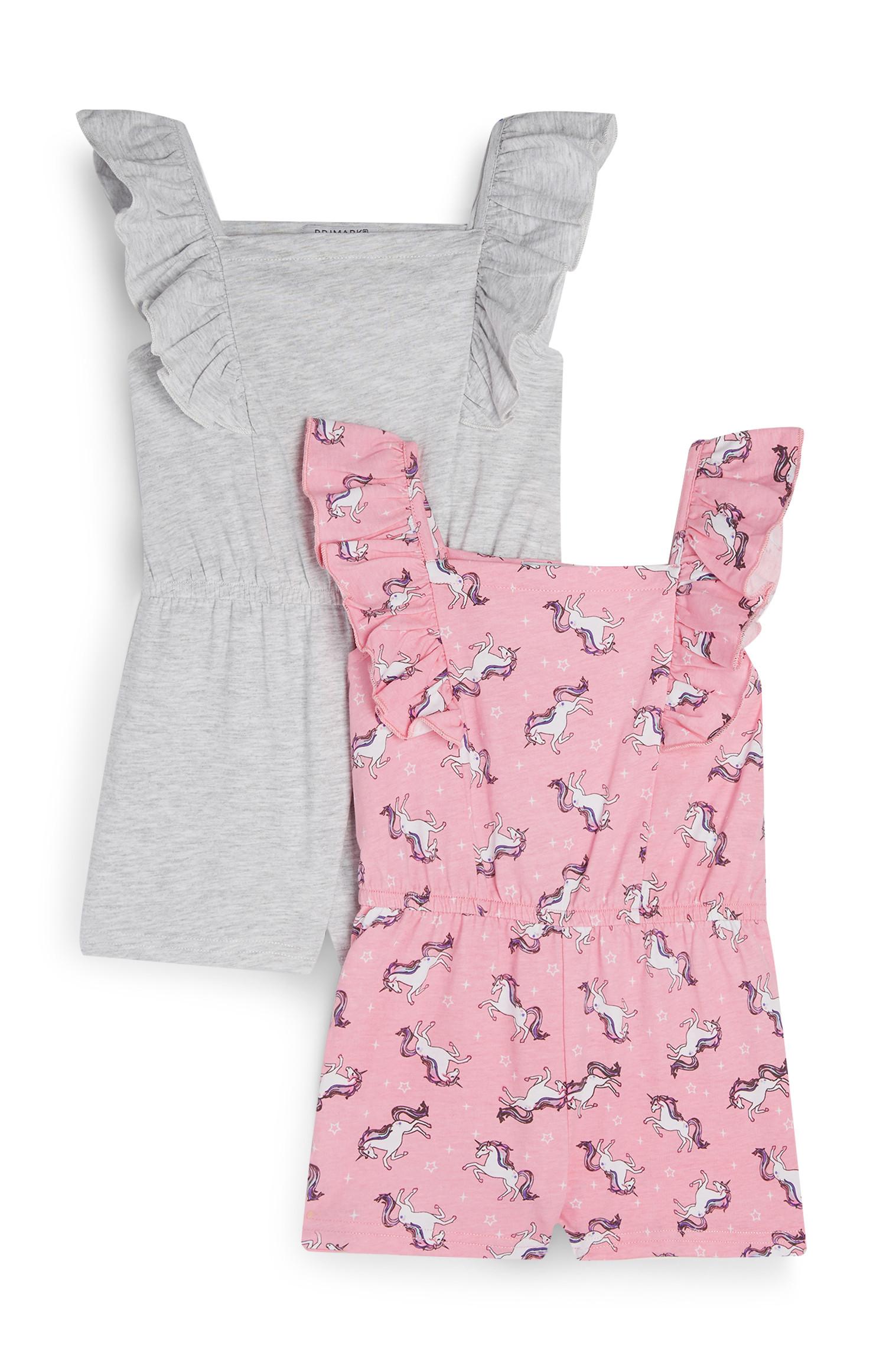 Pack 2 macacões folhos estampado unicórnio menina cinzento e cor-de-rosa