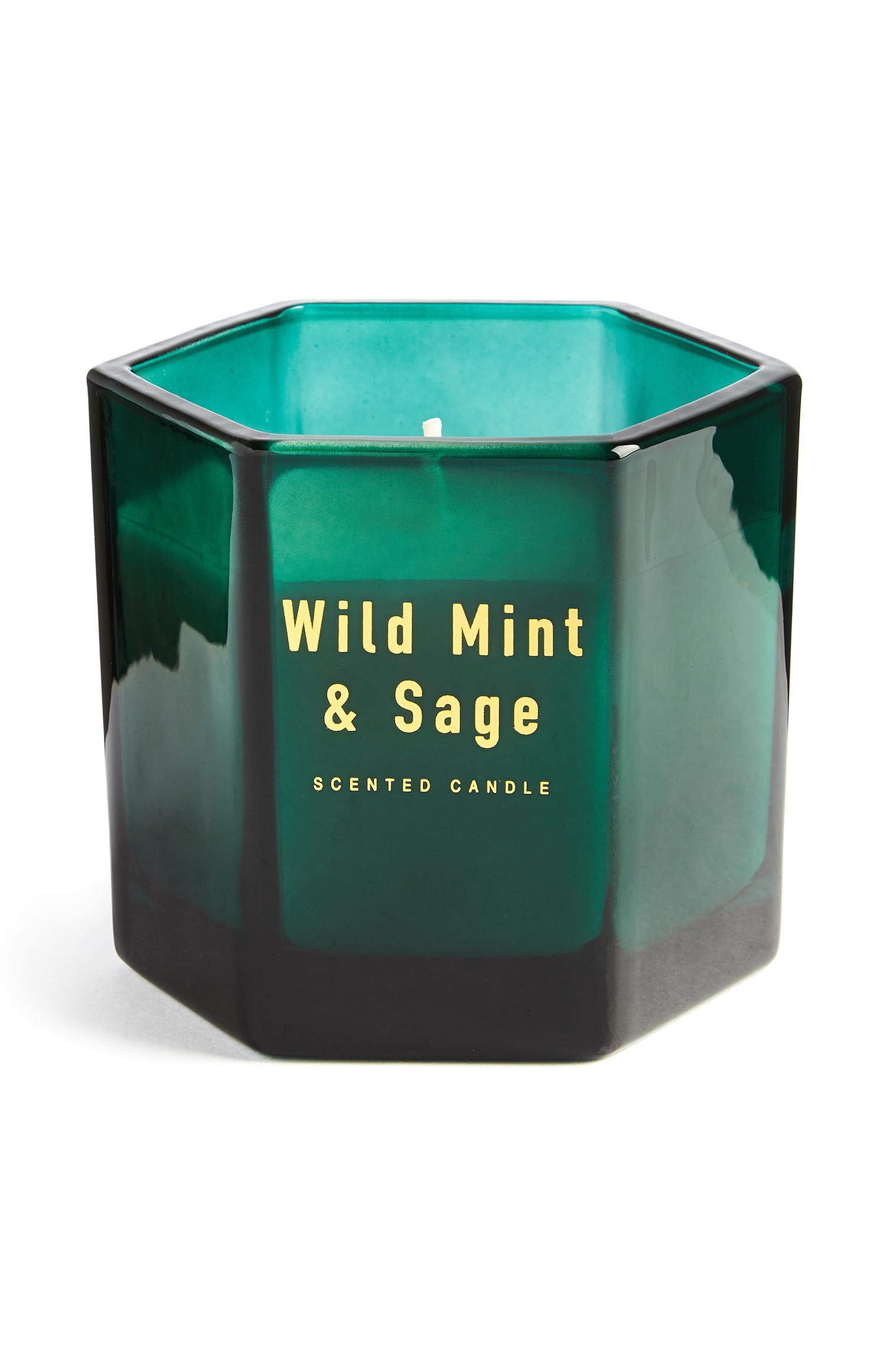 Sveča v zelenem šesterokotnem kozarcu Wild mint and sage