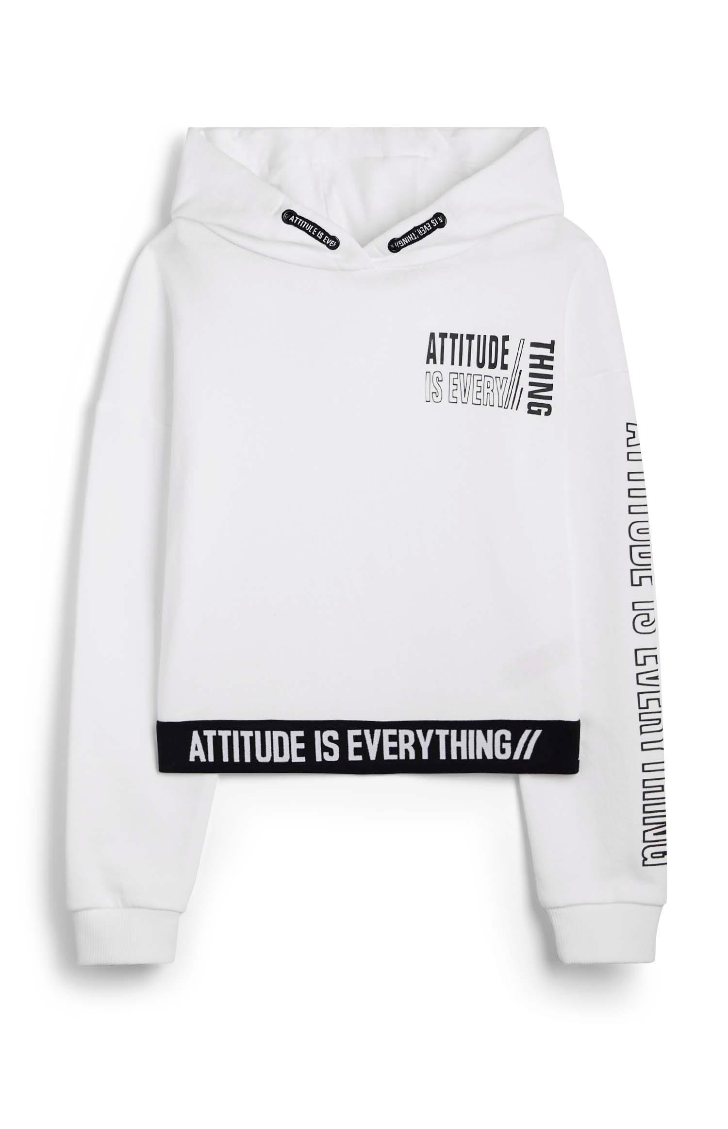 Bel športni pulover s kapuco in napisom Attitude za starejša dekleta