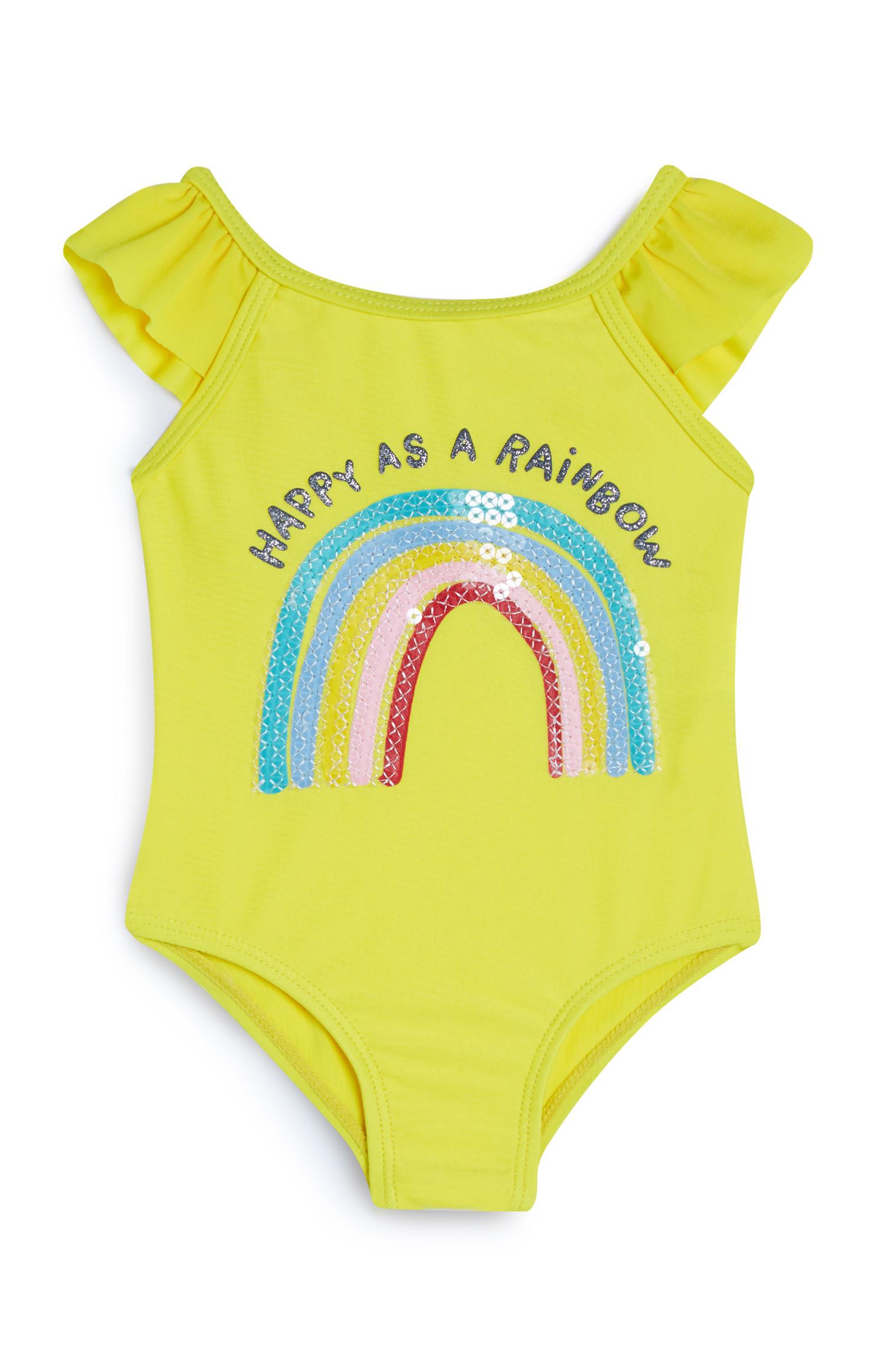 Costume da bagno giallo con arcobaleno e paillettes da bimba