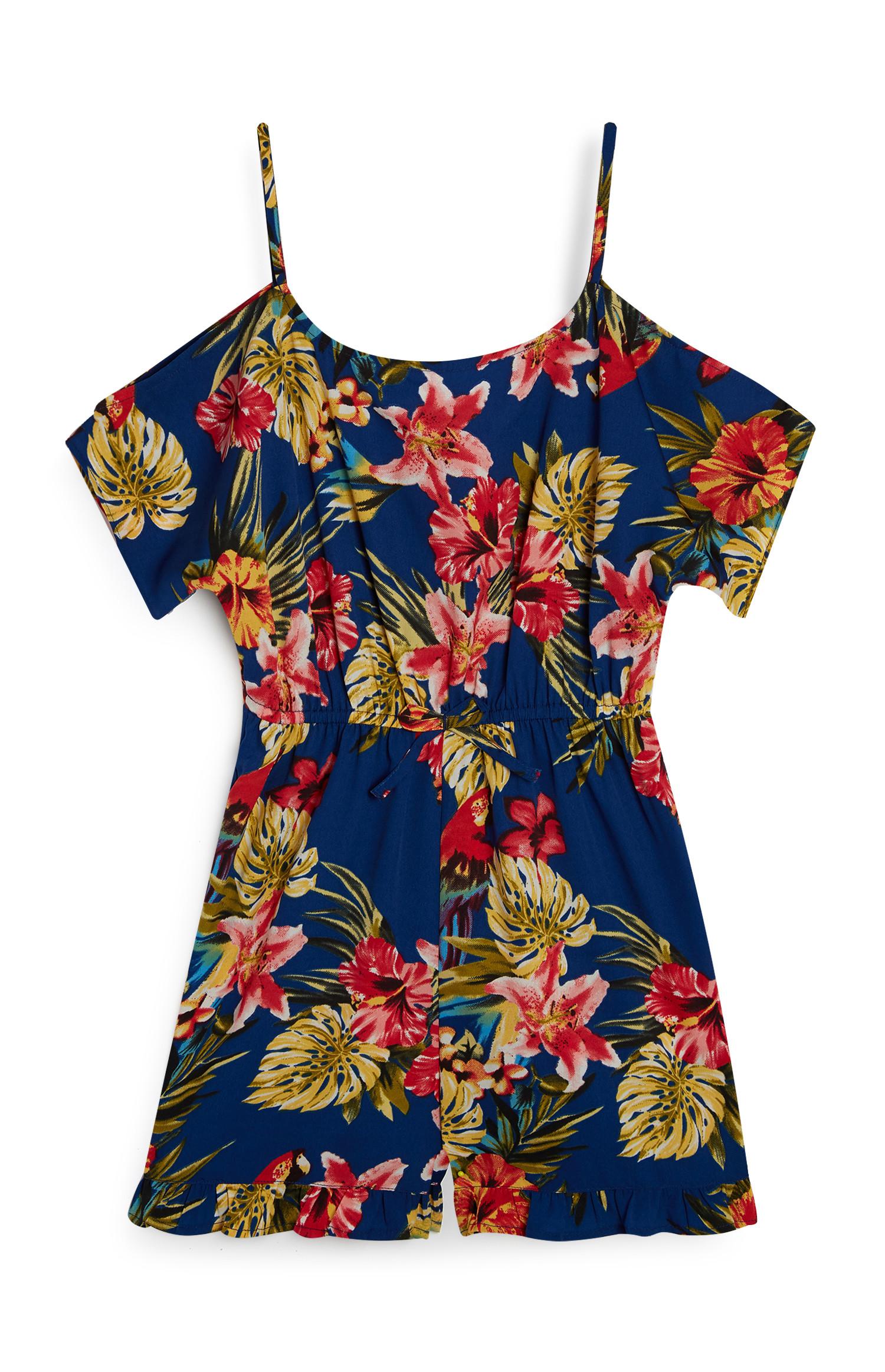 Kratek moder kombinezon s potiskom listov za dekleta