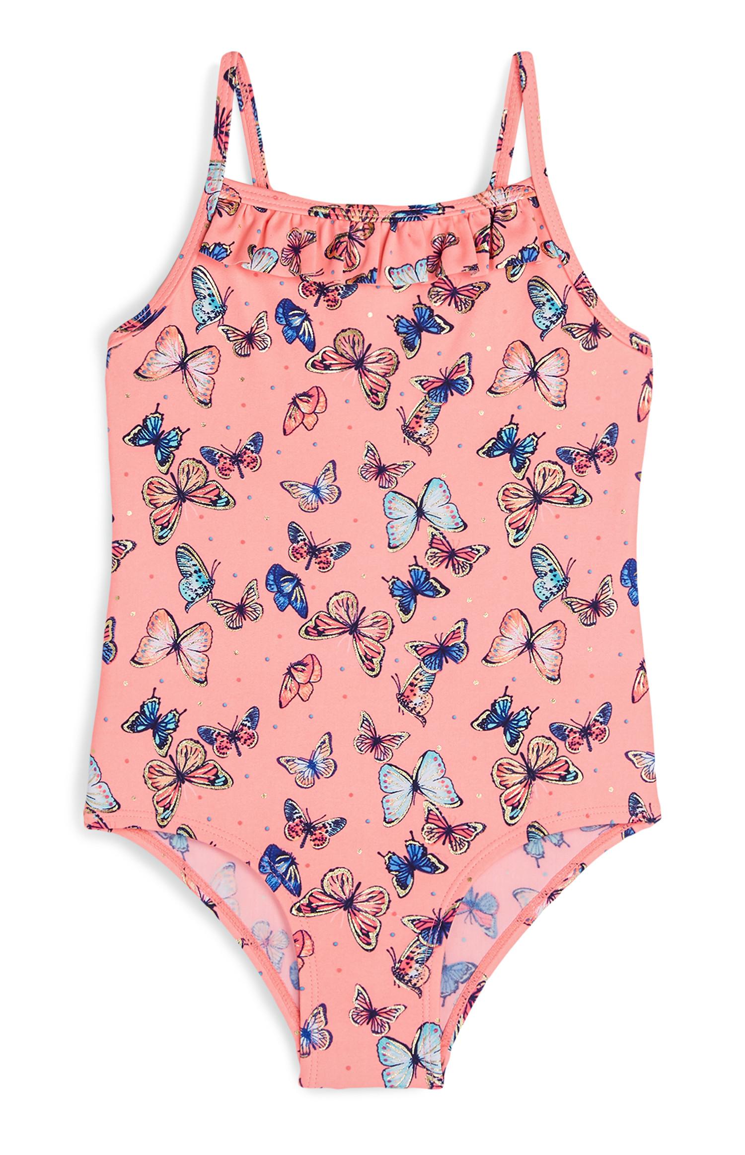 Costume da bagno rosa con stampa a farfalle da bambina