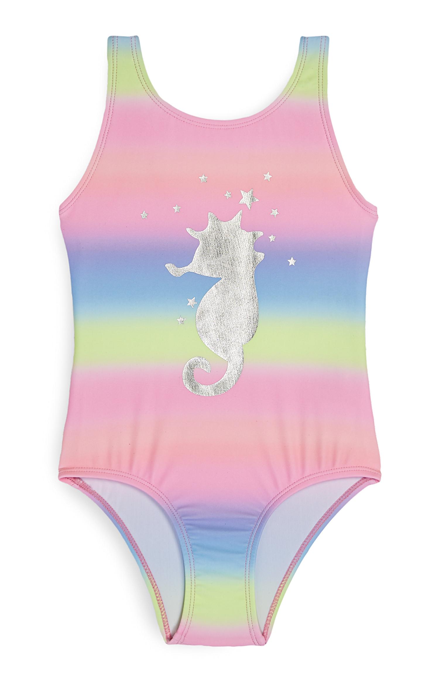 Fato banho estampado unicórnio menina arco-íris pastel